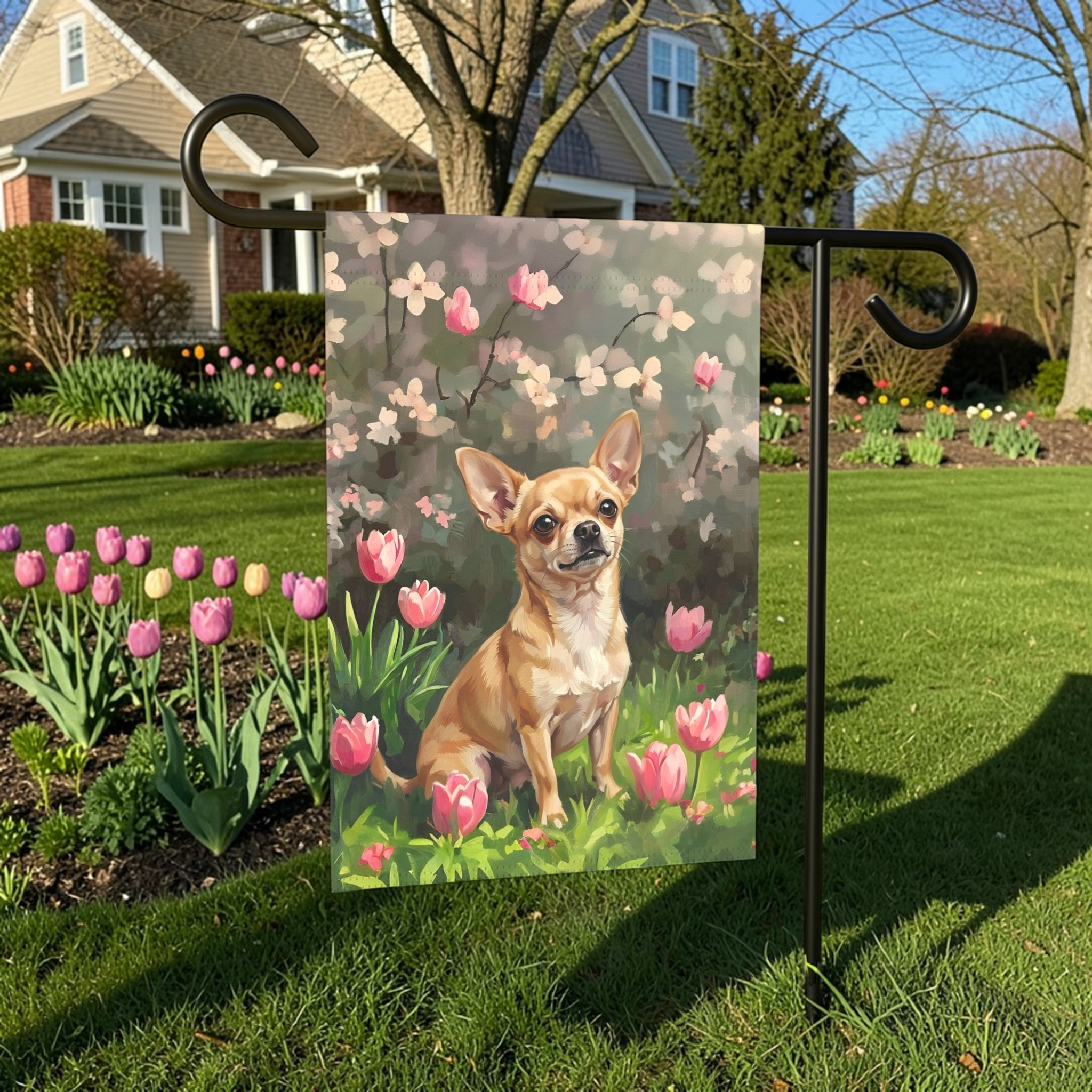 Pink Tulips and Chihuahua Spring Garden Flag - front view - Dragonfire Gardens