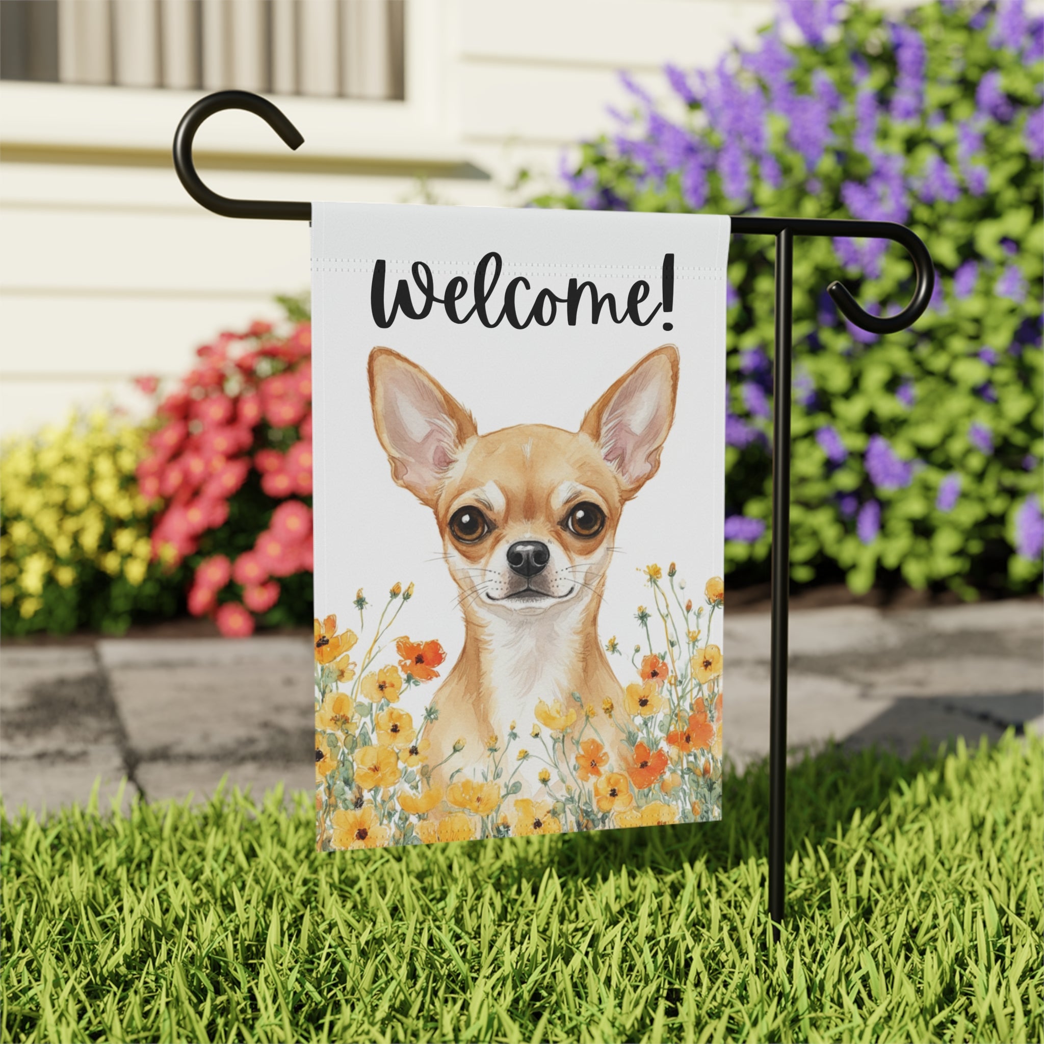 Yellow Poppies Chihuahua Welcome Flag Garden Flag - outdoor display - Dragonfire Gardens