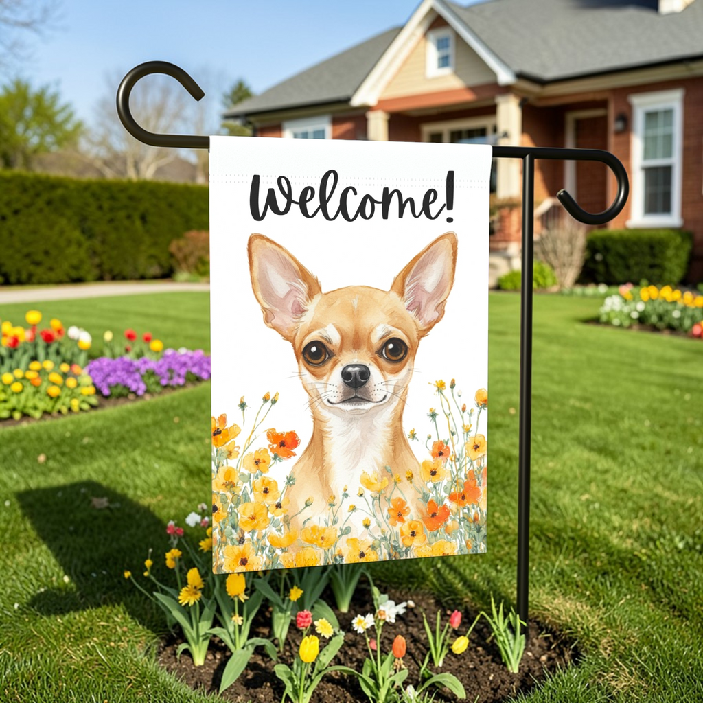 Yellow Poppies Chihuahua Welcome Flag Garden Flag - size comparison - Dragonfire Gardens