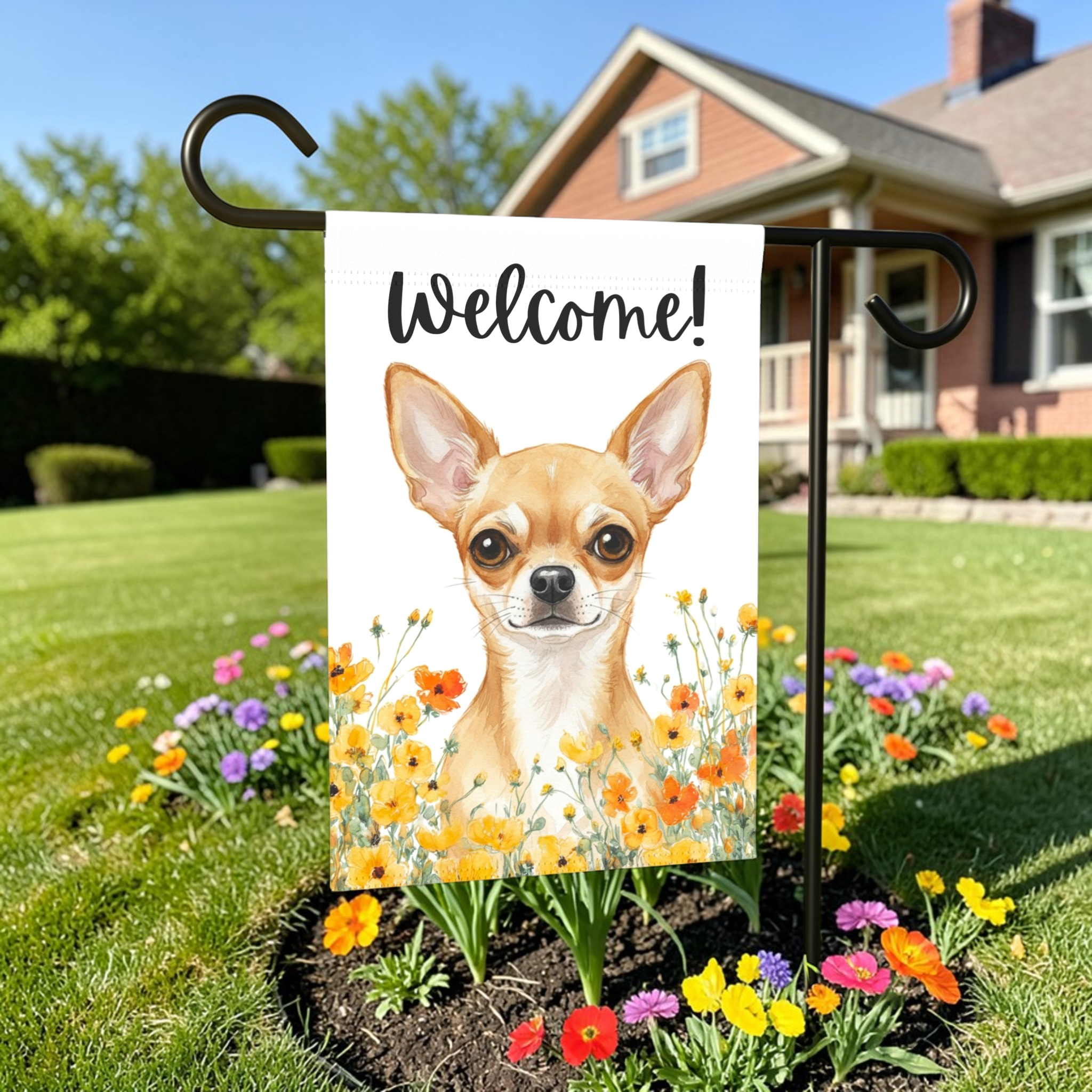 Yellow Poppies Chihuahua Welcome Flag Garden Flag - front view - Dragonfire Gardens