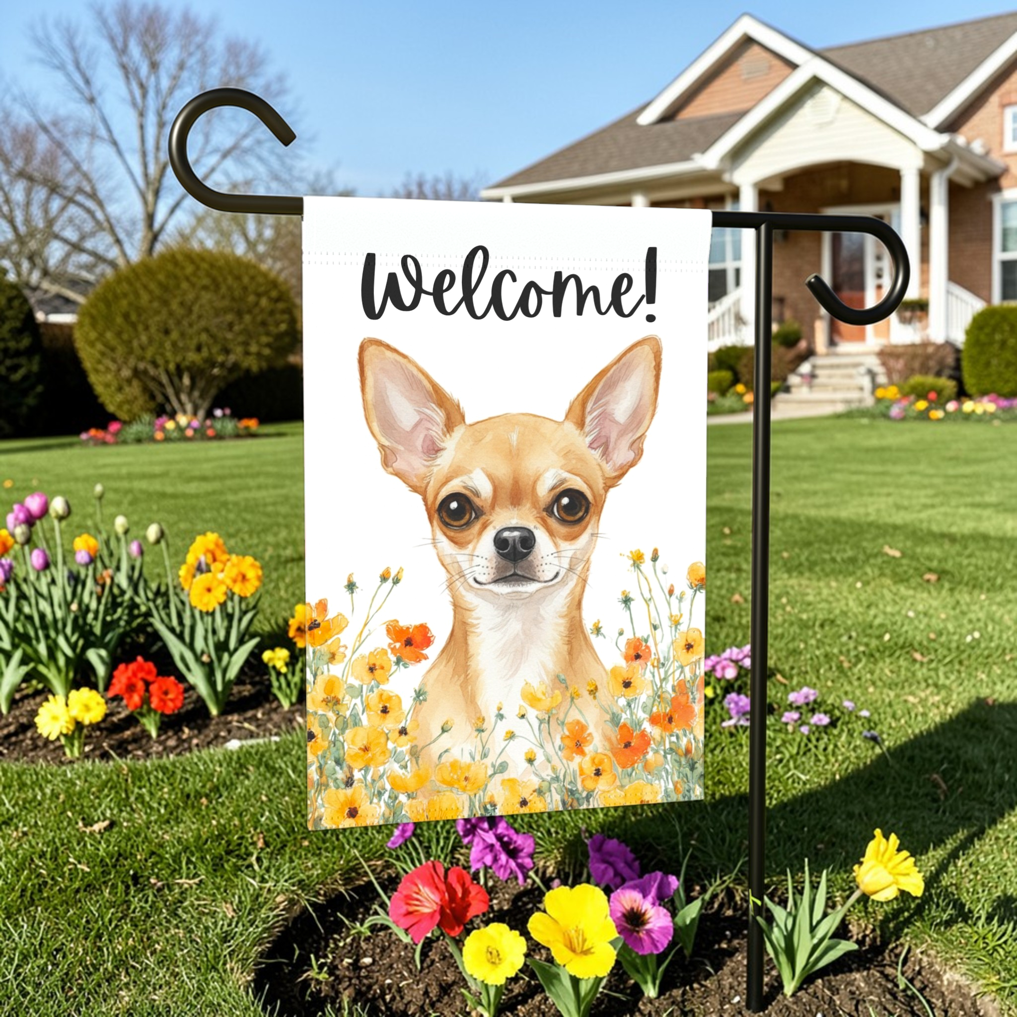 Yellow Poppies Chihuahua Welcome Flag Garden Flag - lifestyle display - Dragonfire Gardens