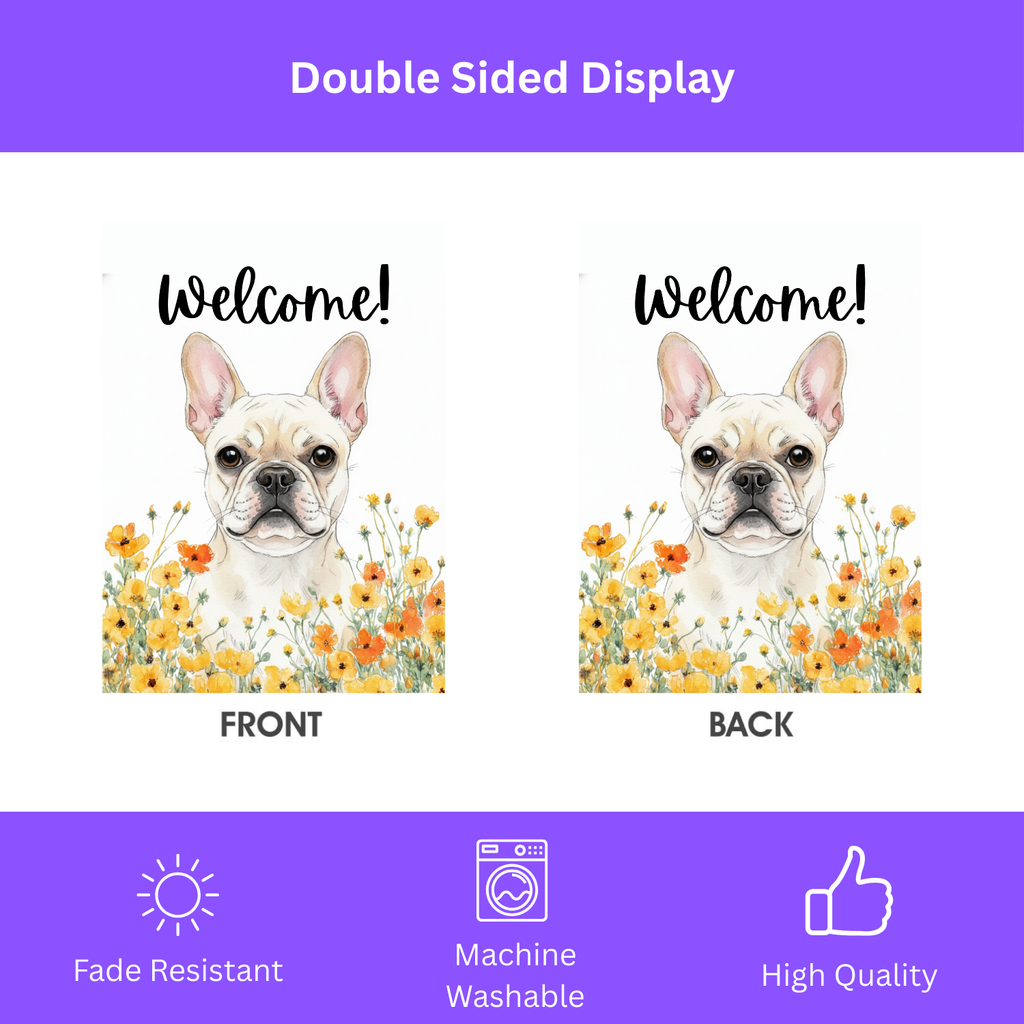 Yellow Poppies White French Bulldog Welcome Flag Garden Flag - double-sided design - Dragonfire Gardens