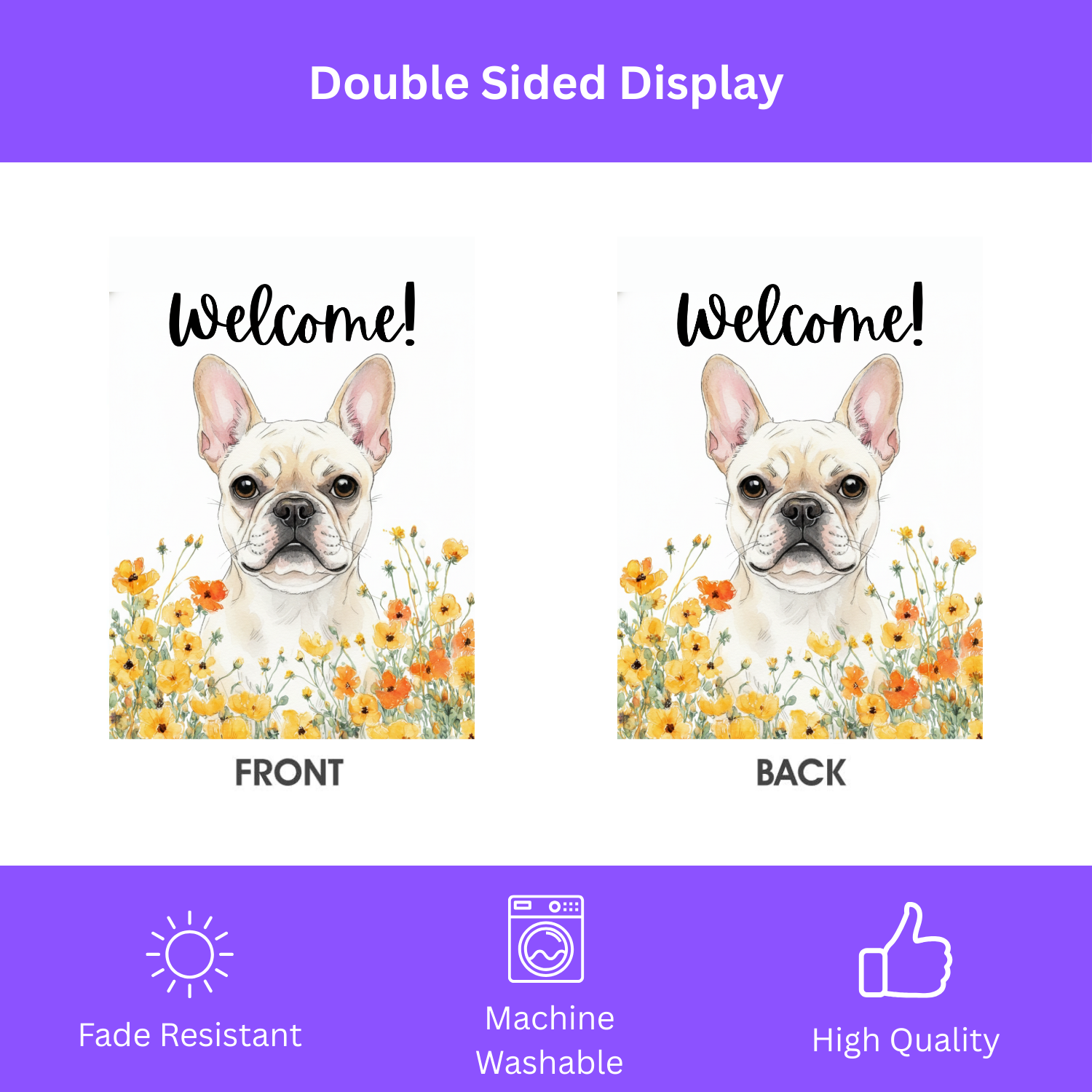 Yellow Poppies White French Bulldog Welcome Flag Garden Flag - double-sided design - Dragonfire Gardens