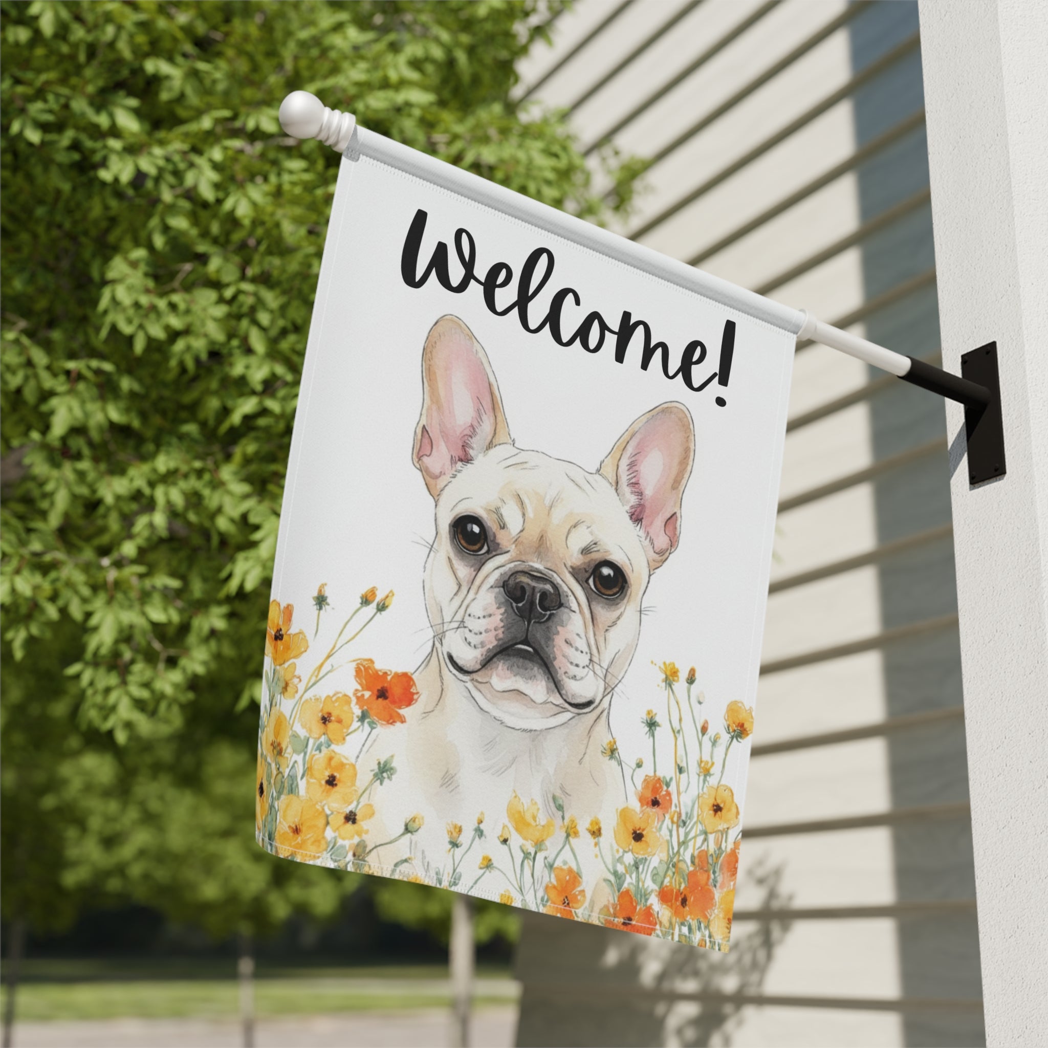 Yellow Poppies White French Bulldog Welcome Flag Garden Flag - close-up detail - Dragonfire Gardens