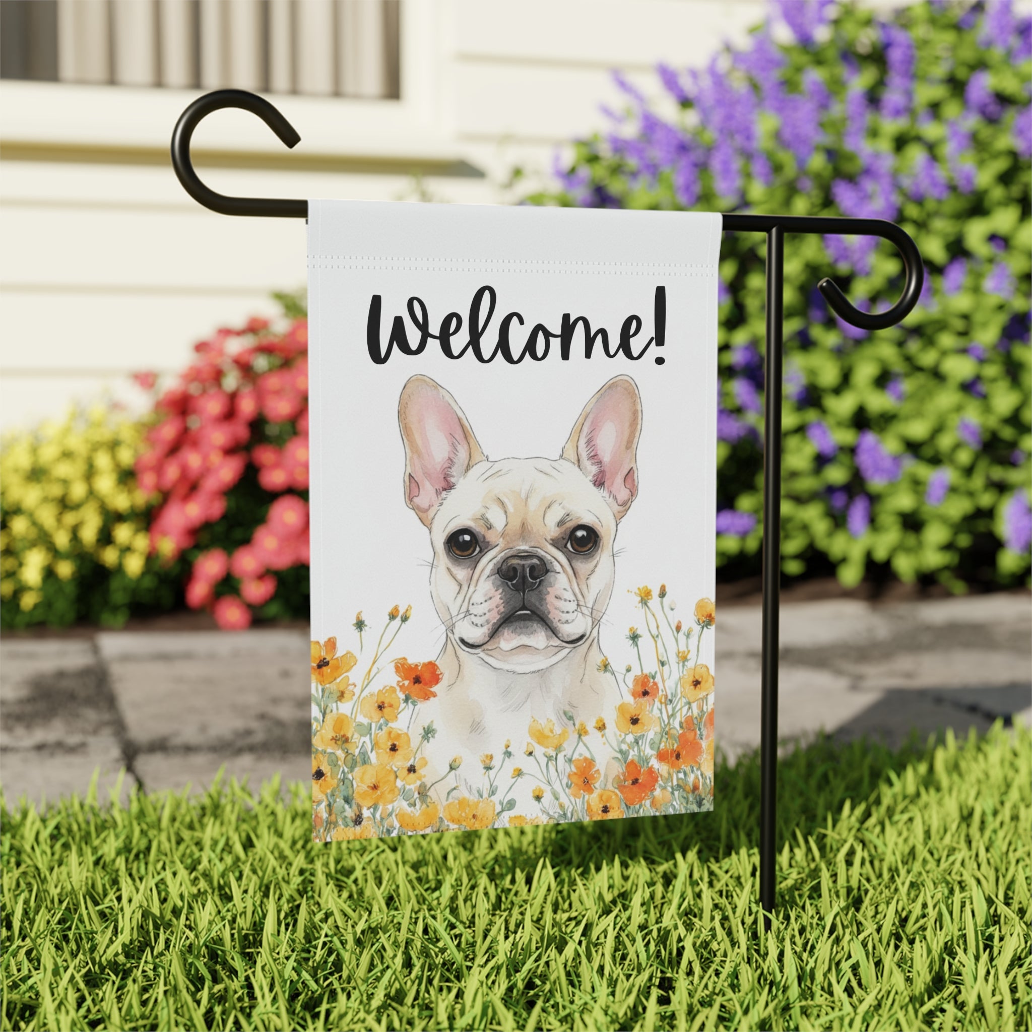 Yellow Poppies White French Bulldog Welcome Flag Garden Flag - outdoor display - Dragonfire Gardens