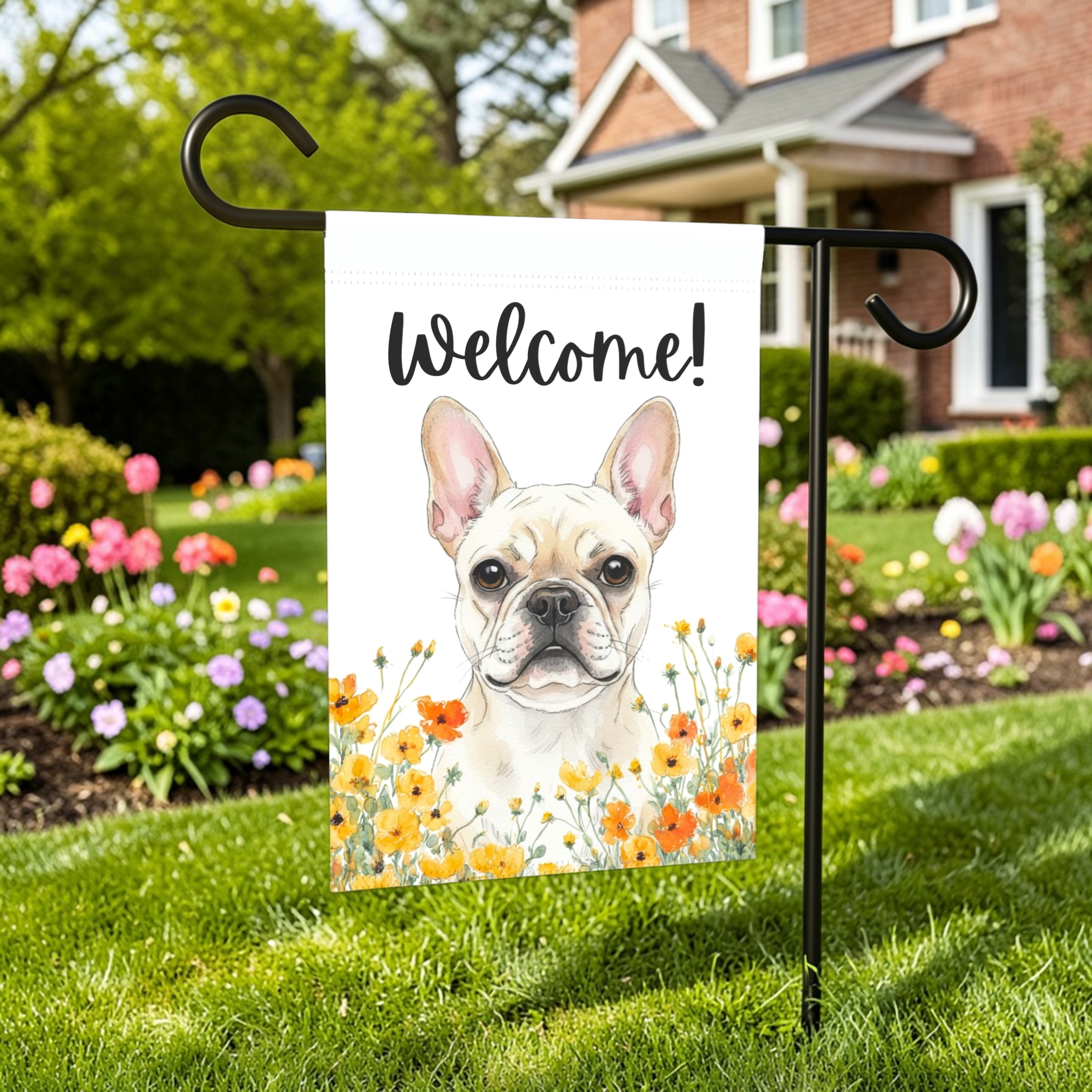 Yellow Poppies White French Bulldog Welcome Flag Garden Flag - front view - Dragonfire Gardens