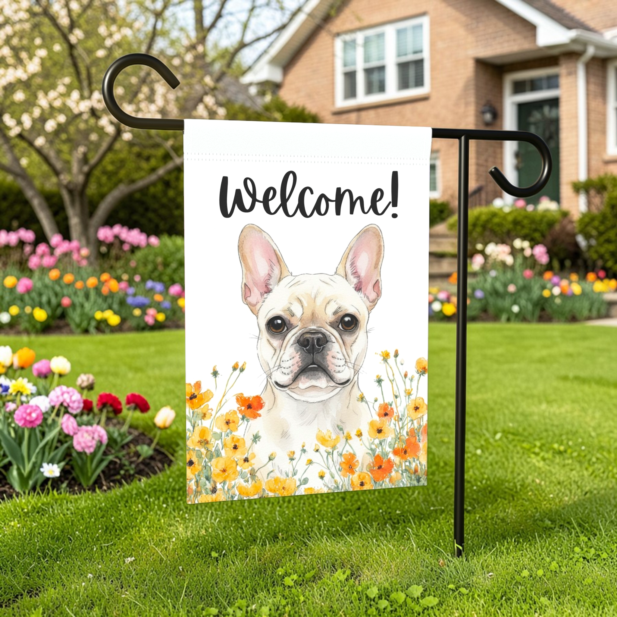 Yellow Poppies White French Bulldog Welcome Flag Garden Flag - size comparison - Dragonfire Gardens