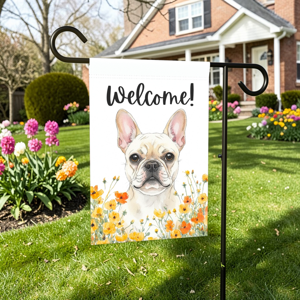 Yellow Poppies White French Bulldog Welcome Flag Garden Flag - lifestyle display - Dragonfire Gardens