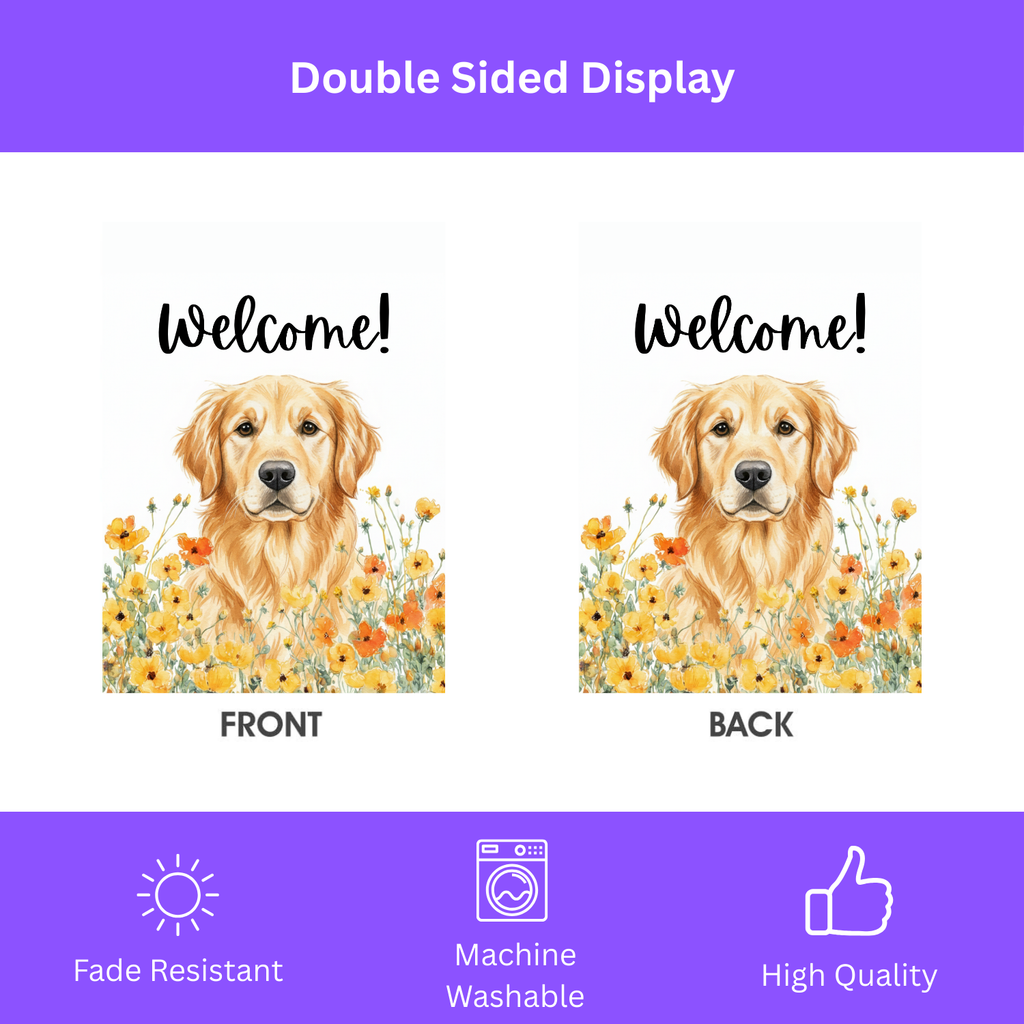 Yellow Poppies Golden Retriever Welcome Flag Garden Flag - double-sided design - Dragonfire Gardens