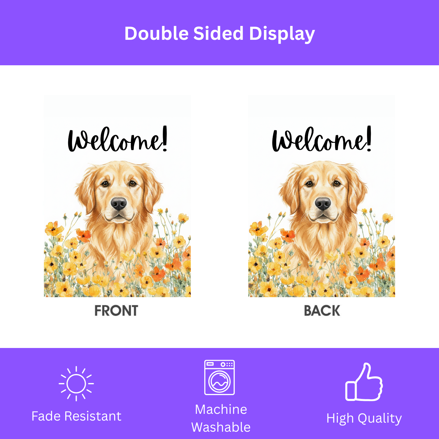 Yellow Poppies Golden Retriever Welcome Flag Garden Flag - double-sided design - Dragonfire Gardens