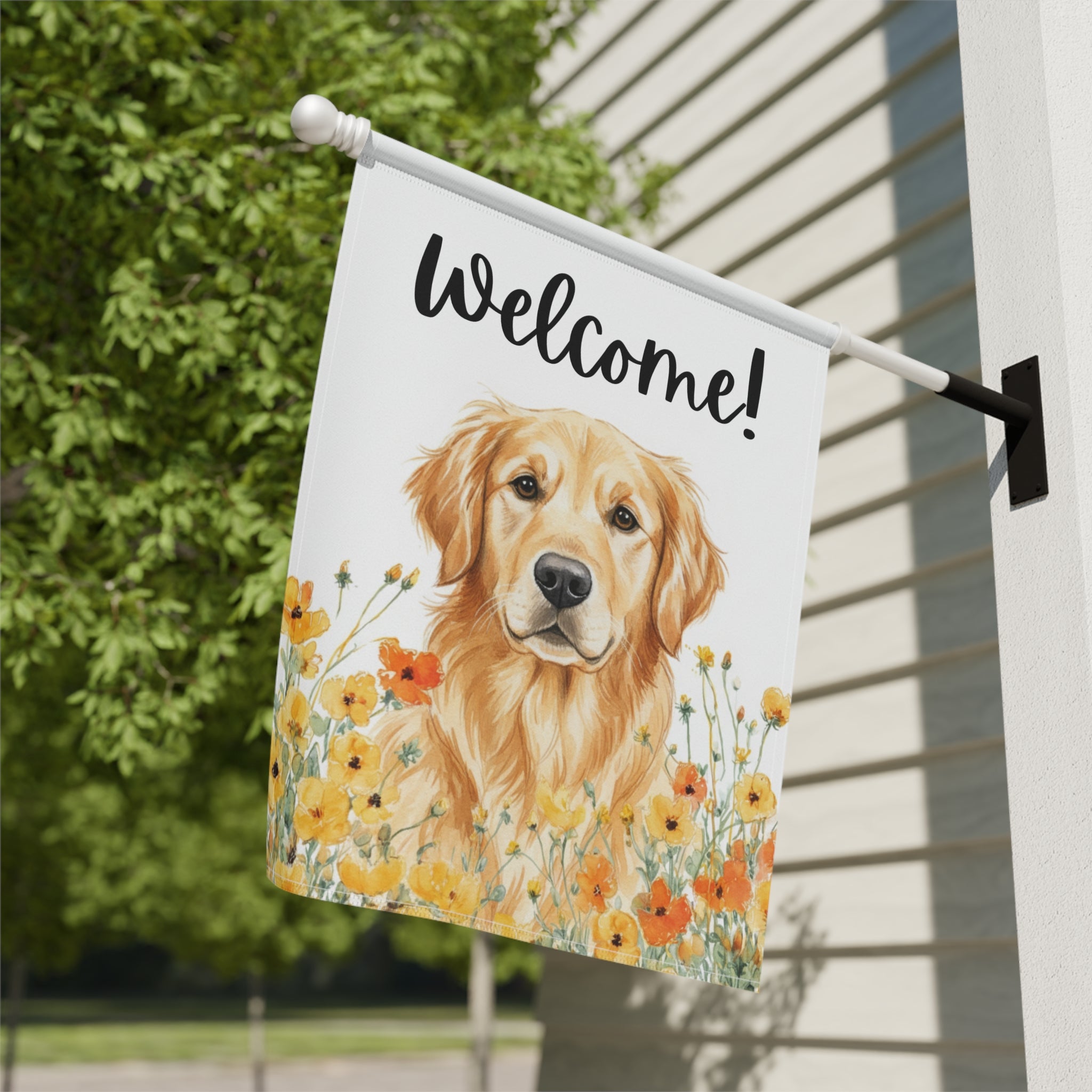 Yellow Poppies Golden Retriever Welcome Flag Garden Flag - close-up detail - Dragonfire Gardens