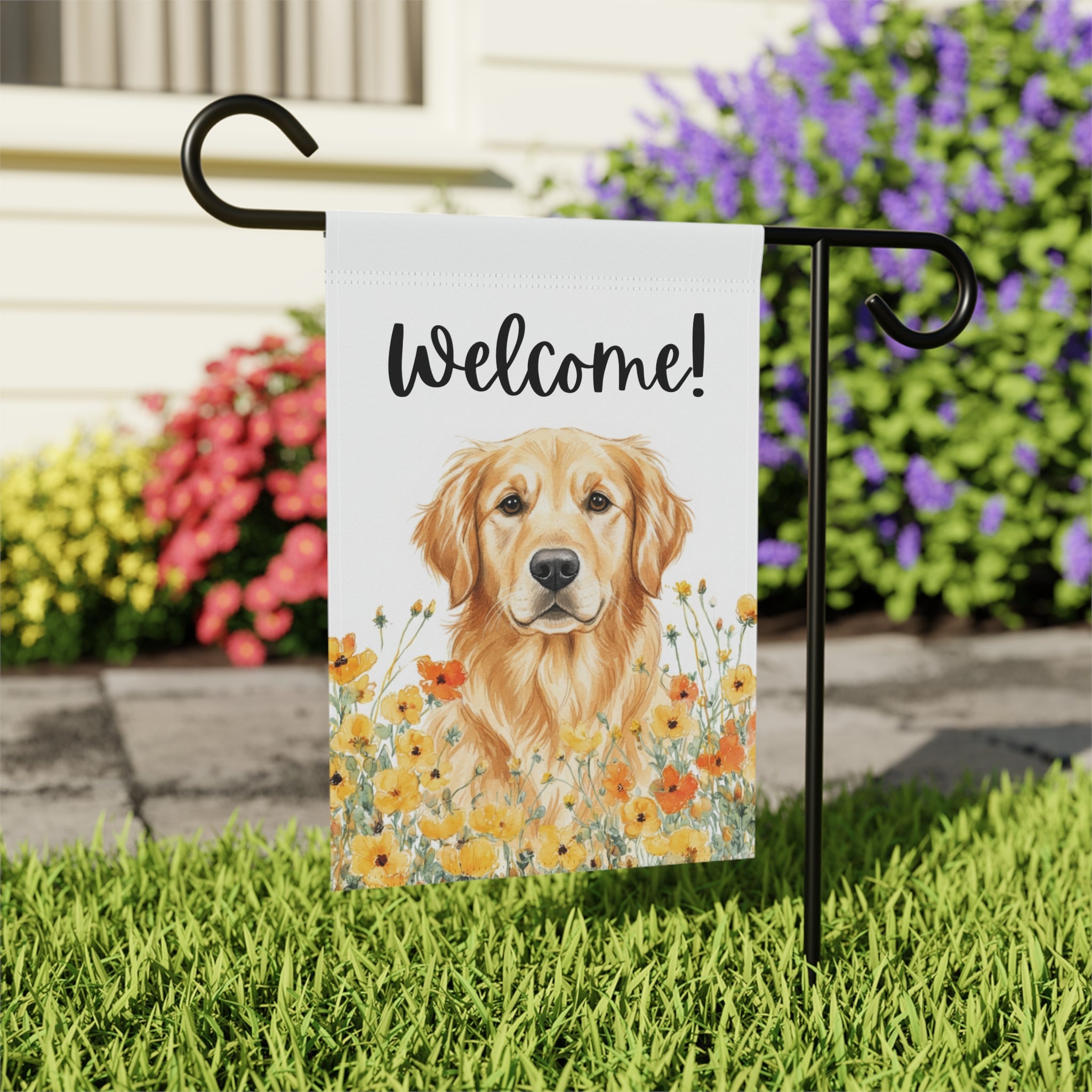 Yellow Poppies Golden Retriever Welcome Flag Garden Flag - outdoor display - Dragonfire Gardens