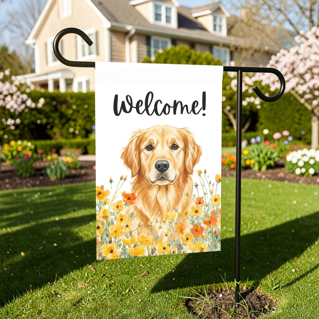 Yellow Poppies Golden Retriever Welcome Flag Garden Flag - size comparison - Dragonfire Gardens
