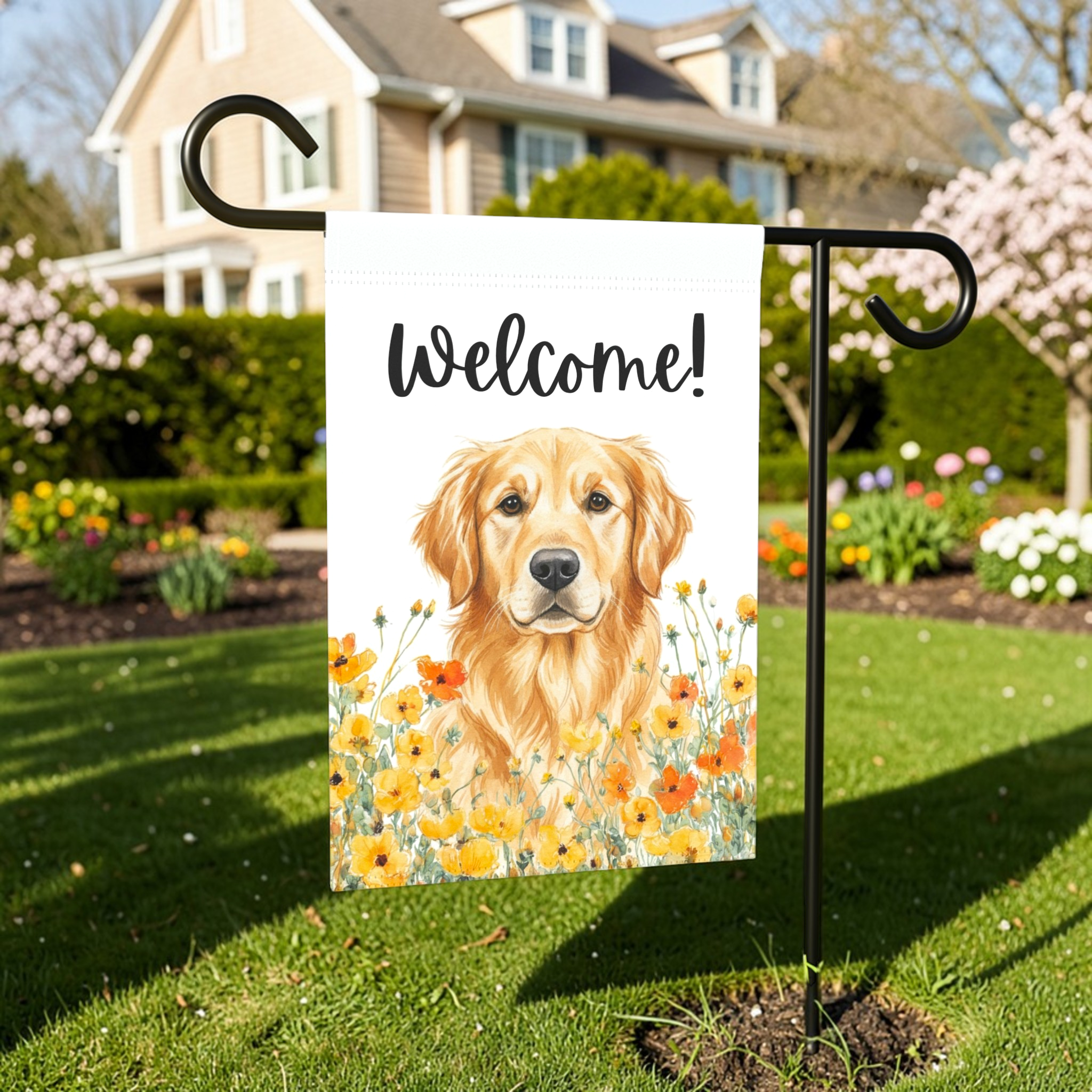 Yellow Poppies Golden Retriever Welcome Flag Garden Flag - size comparison - Dragonfire Gardens