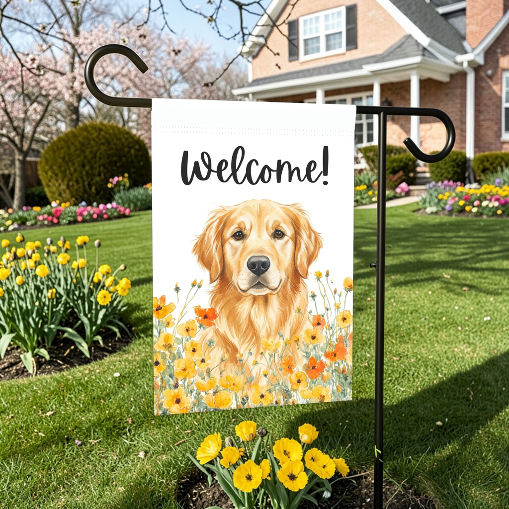 Yellow Poppies Golden Retriever Welcome Flag Garden Flag - lifestyle display - Dragonfire Gardens
