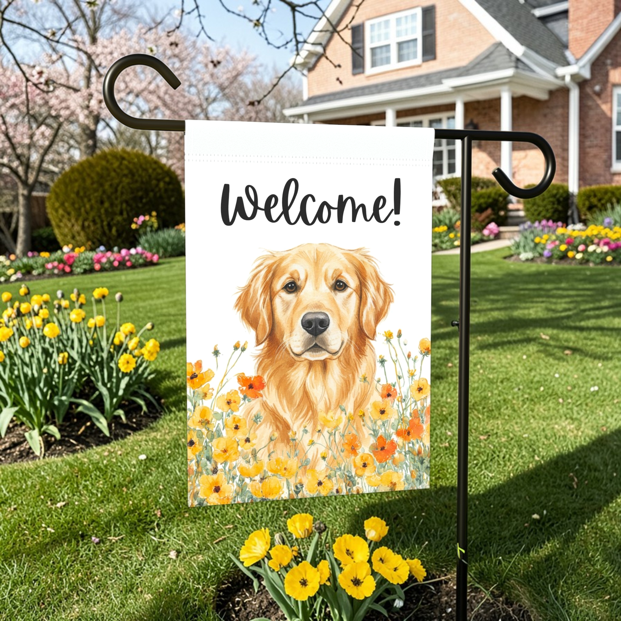 Yellow Poppies Golden Retriever Welcome Flag Garden Flag - lifestyle display - Dragonfire Gardens