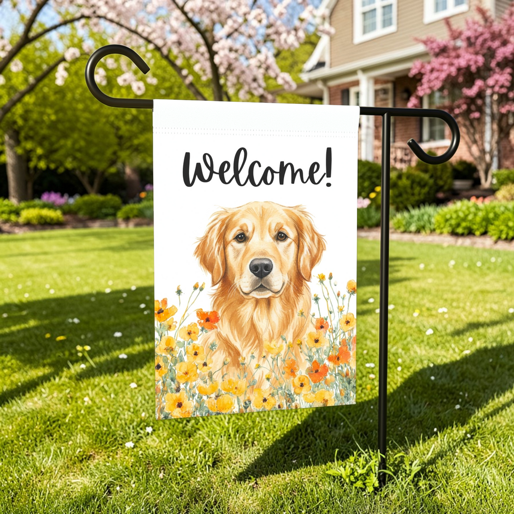 Yellow Poppies Golden Retriever Welcome Flag Garden Flag - front view - Dragonfire Gardens