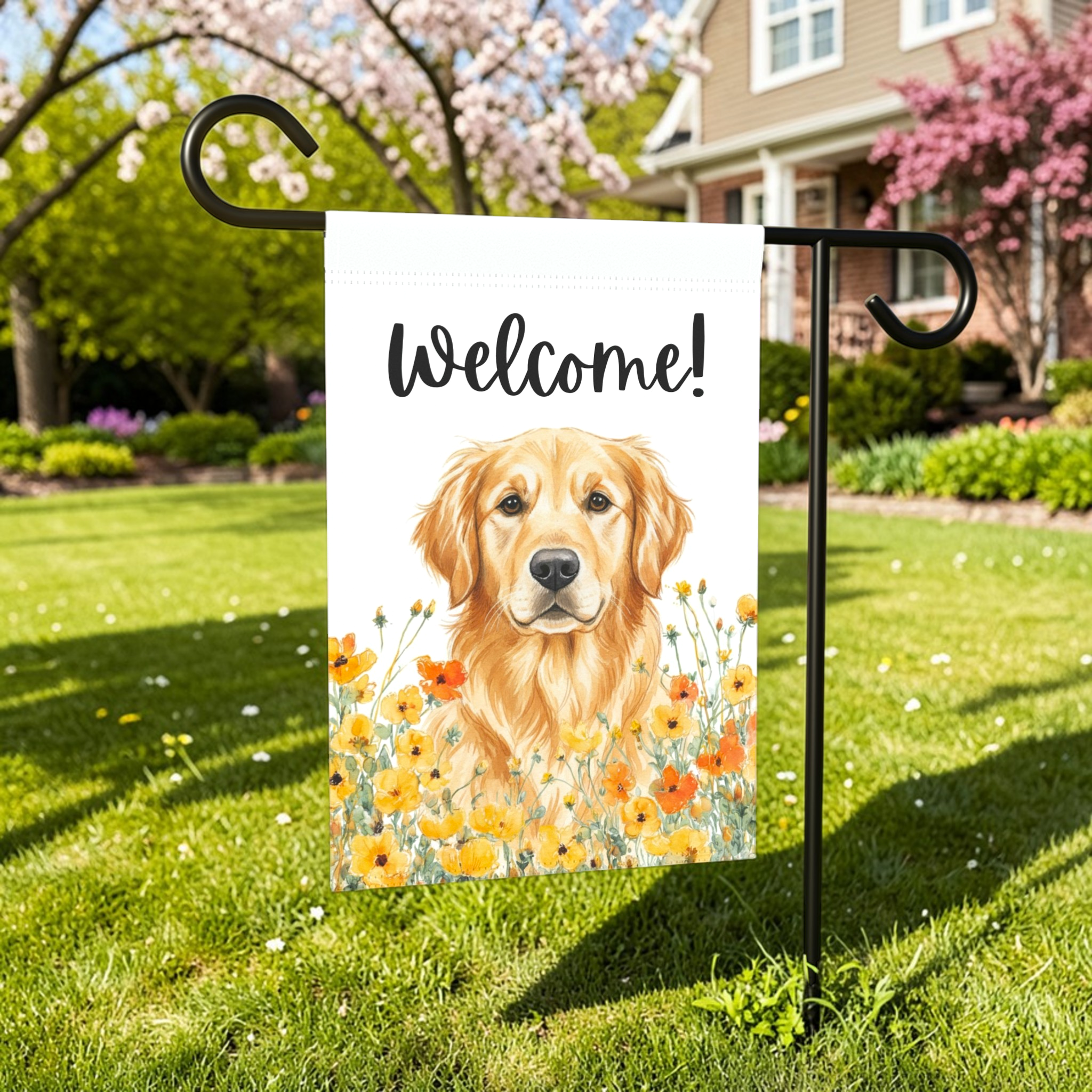 Yellow Poppies Golden Retriever Welcome Flag Garden Flag - front view - Dragonfire Gardens