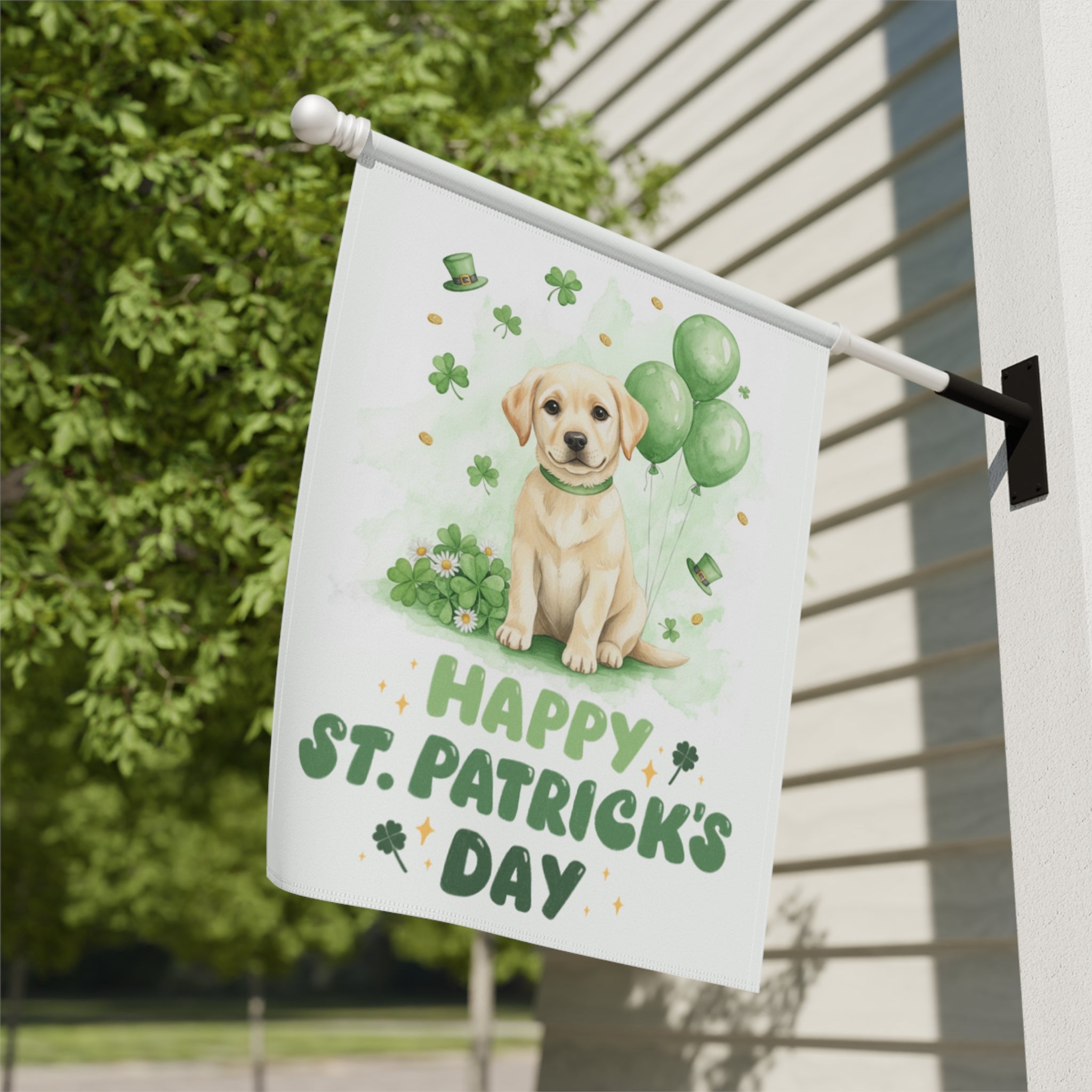Yellow Labrador Retriever Puppy St. Patrick's Day Garden Flag - close-up detail - Dragonfire Gardens