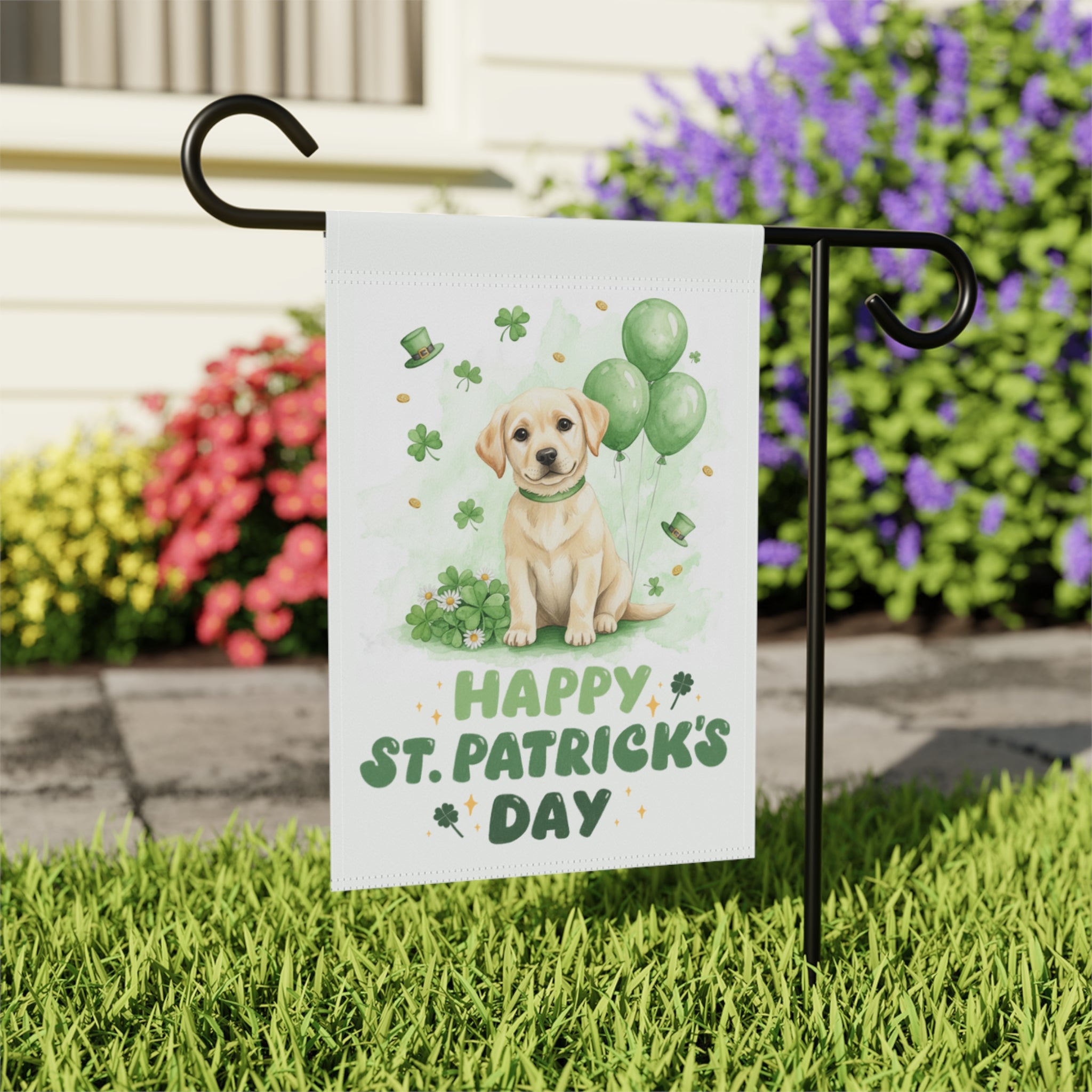 Yellow Labrador Retriever Puppy St. Patrick's Day Garden Flag - outdoor display - Dragonfire Gardens