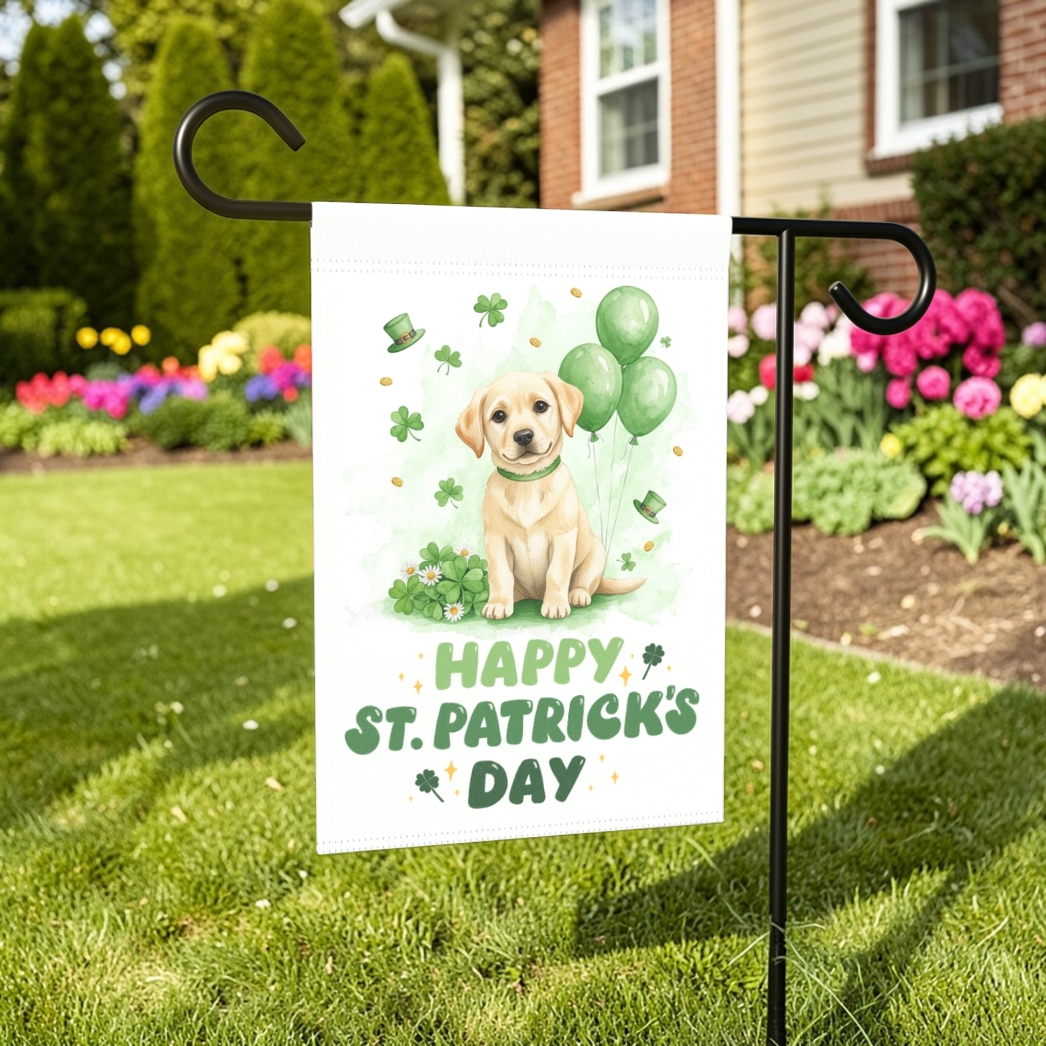 Yellow Labrador Retriever Puppy St. Patrick's Day Garden Flag - size comparison - Dragonfire Gardens
