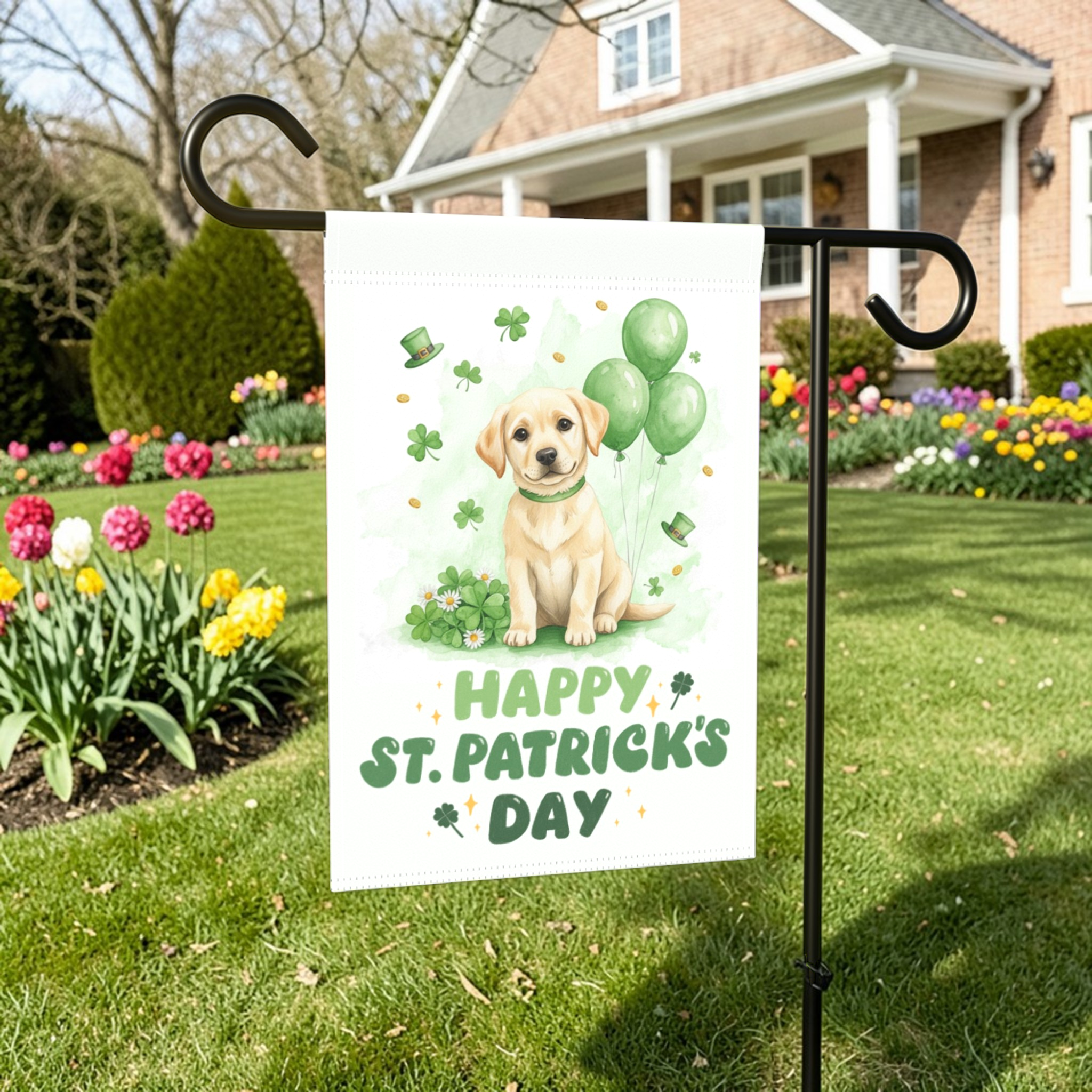 Yellow Labrador Retriever Puppy St. Patrick's Day Garden Flag - front view - Dragonfire Gardens