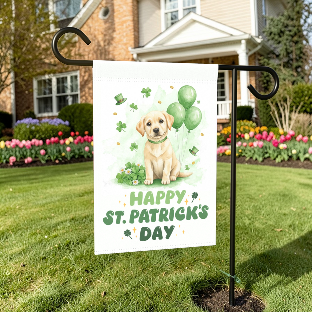 Yellow Labrador Retriever Puppy St. Patrick's Day Garden Flag - lifestyle display - Dragonfire Gardens
