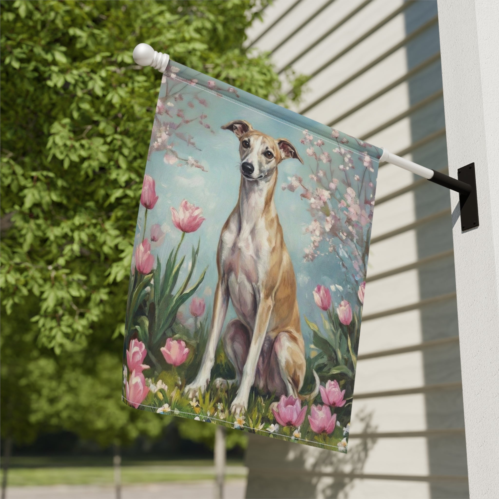 Whippet in Tulips Spring Garden Flag - close-up detail - Dragonfire Gardens