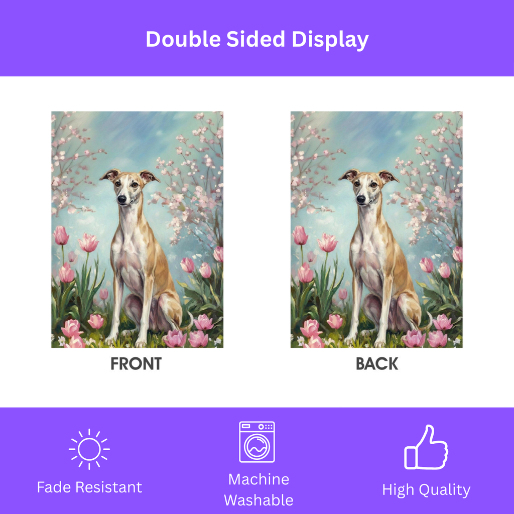 Whippet in Tulips Spring Garden Flag - double-sided design - Dragonfire Gardens