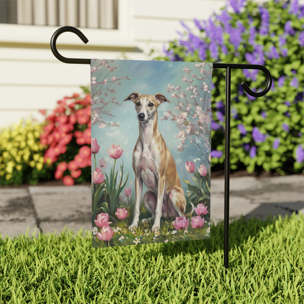 Whippet in Tulips Spring Garden Flag - outdoor display - Dragonfire Gardens
