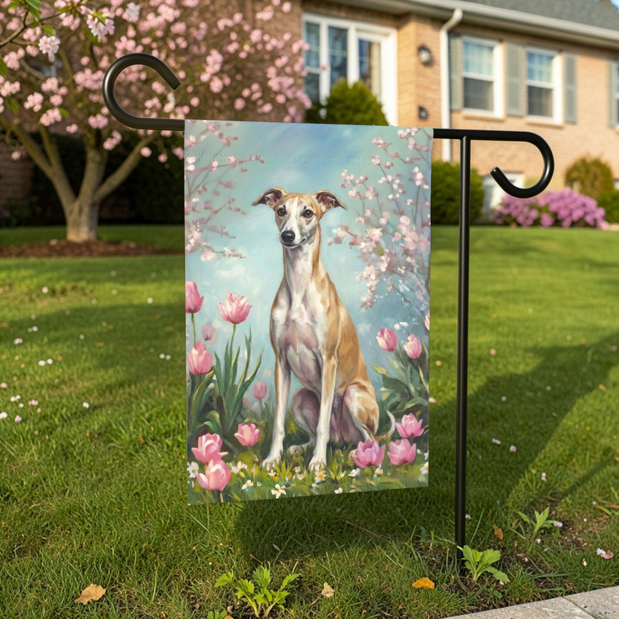 Whippet in Tulips Spring Garden Flag - front view - Dragonfire Gardens