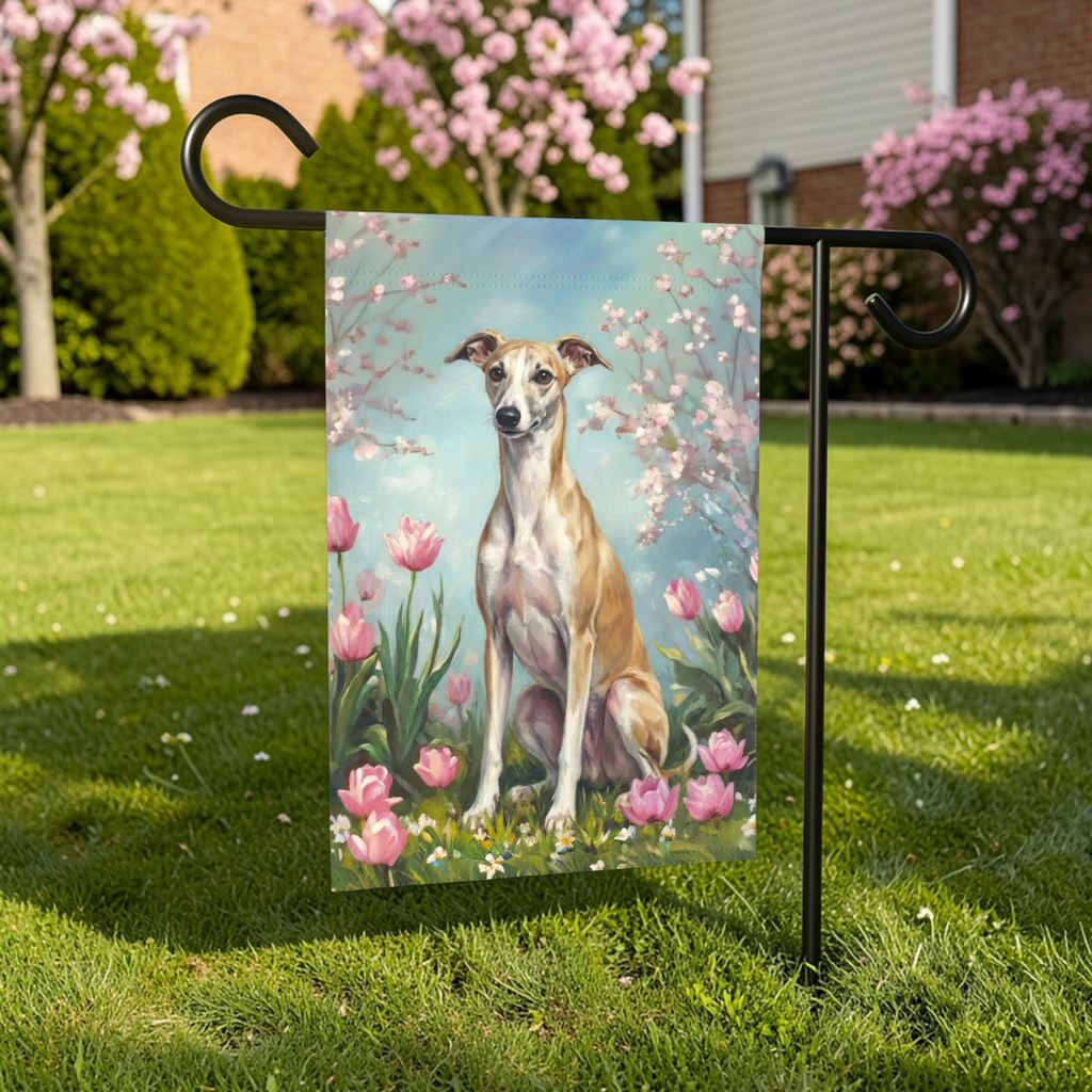 Whippet in Tulips Spring Garden Flag - size comparison - Dragonfire Gardens
