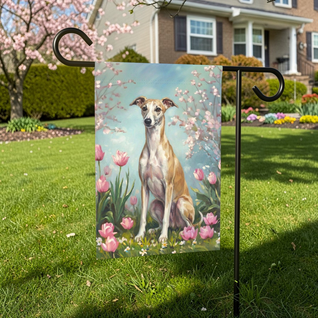 Whippet in Tulips Spring Garden Flag - lifestyle display - Dragonfire Gardens