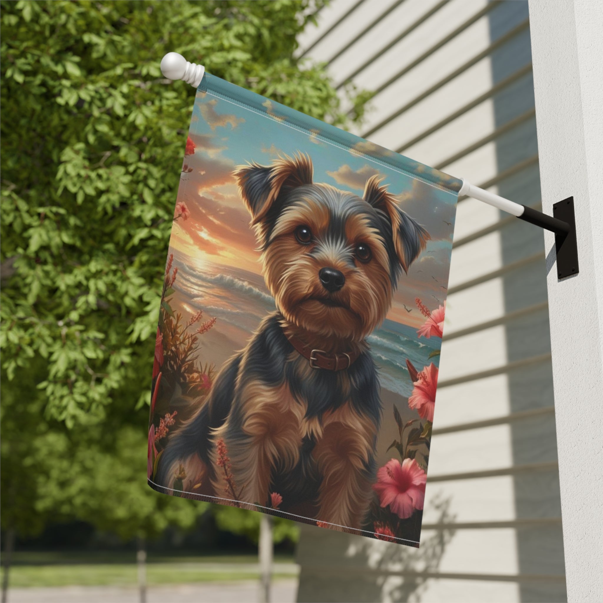 Tropical Sunset Yorkshire Terrier Garden Flag - close-up detail - Dragonfire Gardens