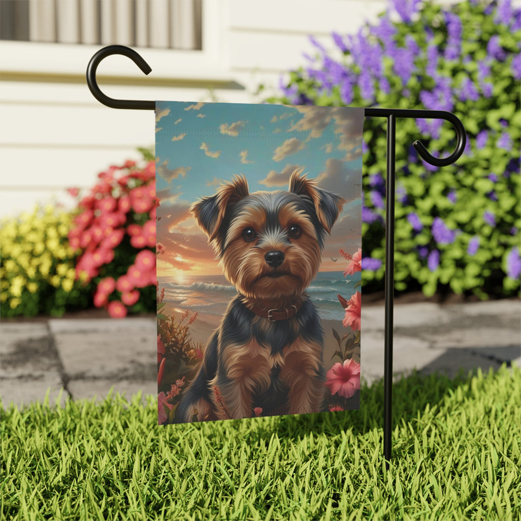 Tropical Sunset Yorkshire Terrier Garden Flag - outdoor display - Dragonfire Gardens