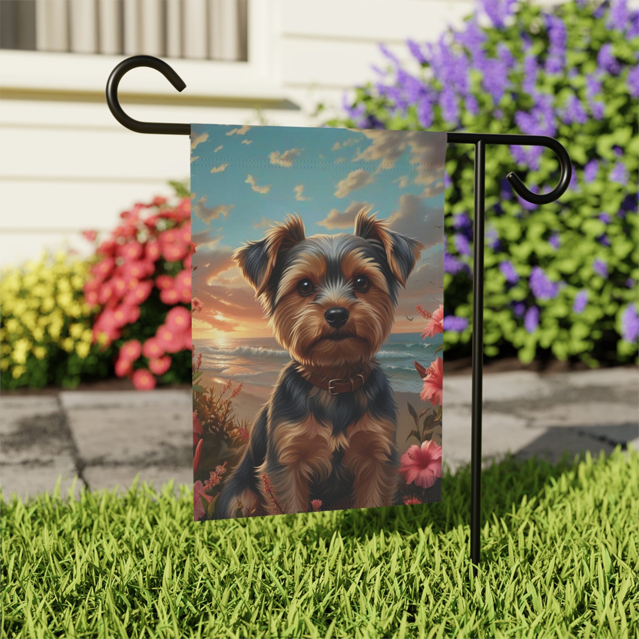 Tropical Sunset Yorkshire Terrier Garden Flag - outdoor display - Dragonfire Gardens