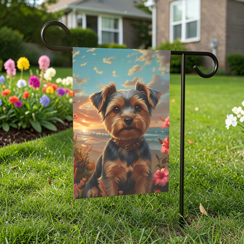 Tropical Sunset Yorkshire Terrier Garden Flag - front view - Dragonfire Gardens