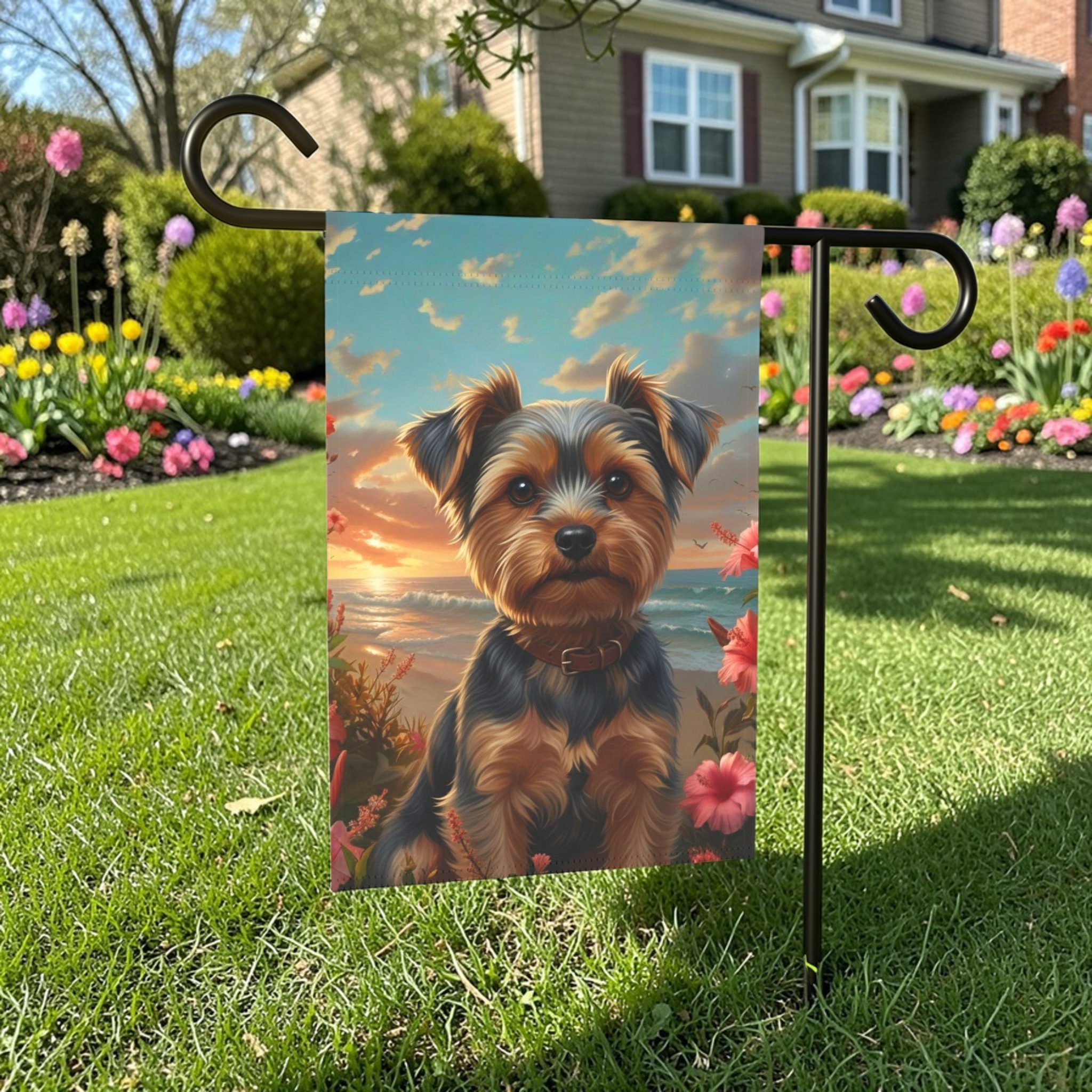 Tropical Sunset Yorkshire Terrier Garden Flag - size comparison - Dragonfire Gardens