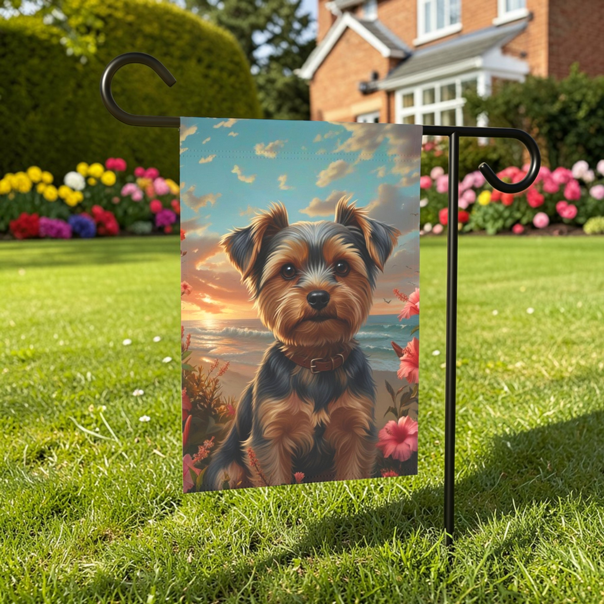 Tropical Sunset Yorkshire Terrier Garden Flag - lifestyle display - Dragonfire Gardens