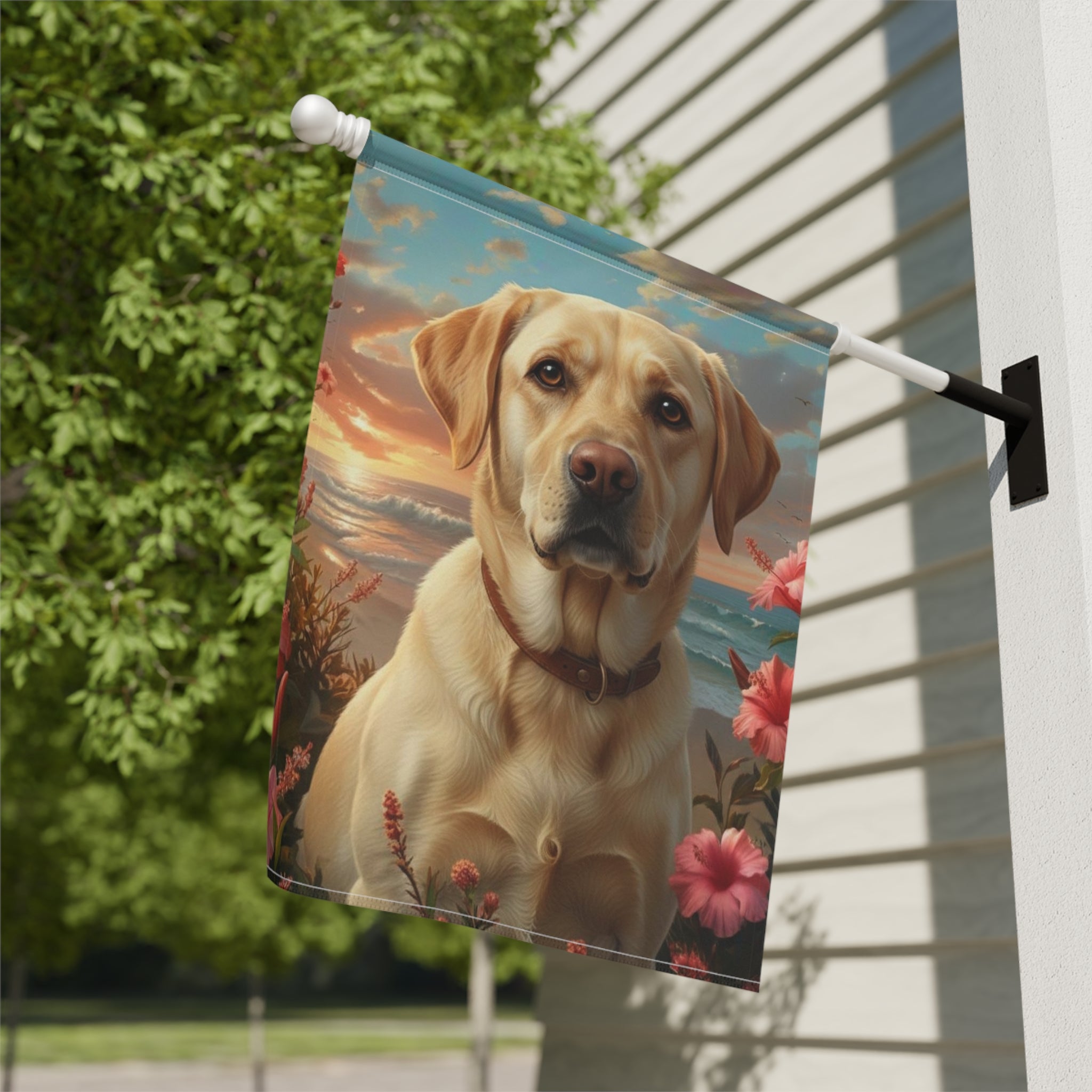 Tropical Sunset Yellow Labrador Retriever Garden Flag - close-up detail - Dragonfire Gardens