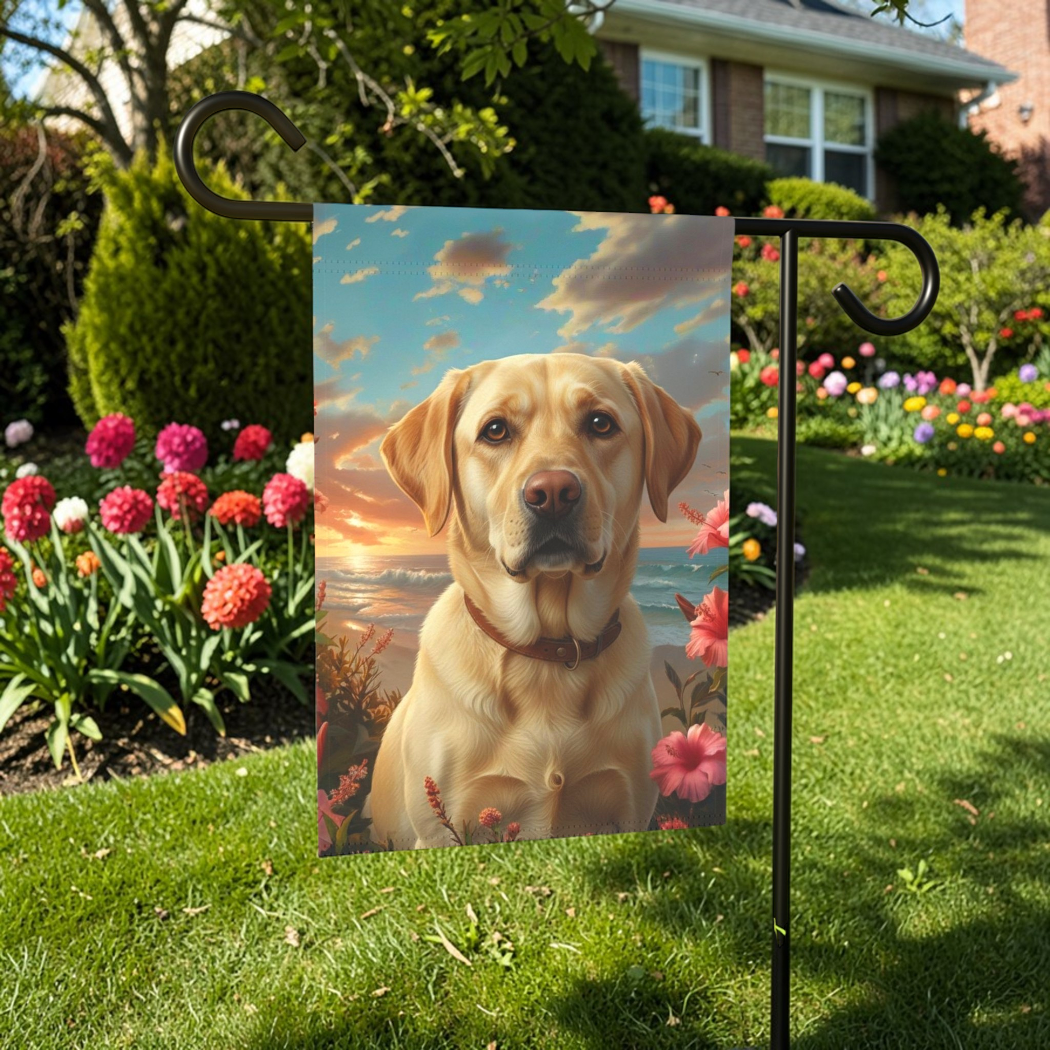 Tropical Sunset Yellow Labrador Retriever Garden Flag