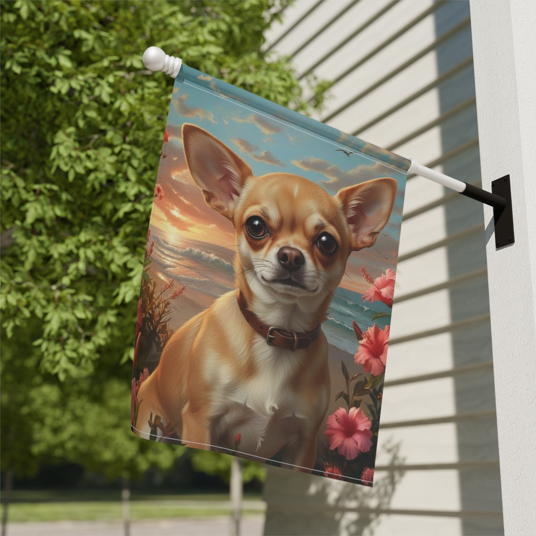 Tropical Sunset Chihuahua Garden Flag - close-up detail - Dragonfire Gardens