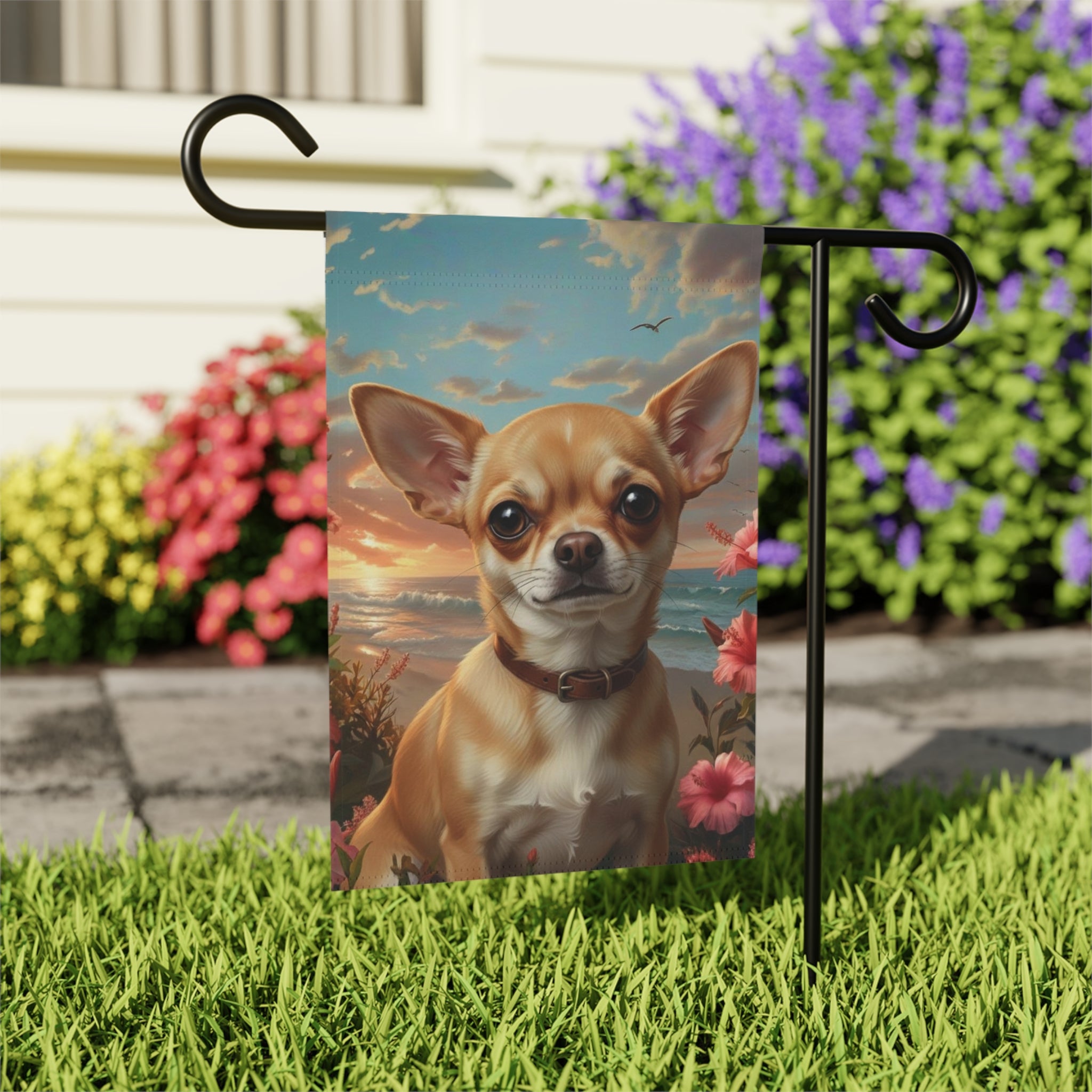 Tropical Sunset Chihuahua Garden Flag - outdoor display - Dragonfire Gardens