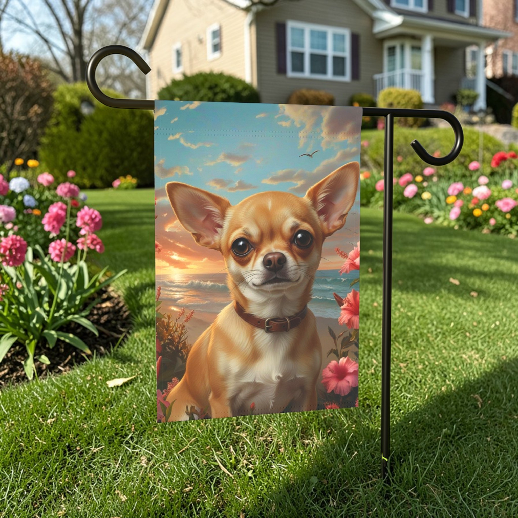 Tropical Sunset Chihuahua Garden Flag - size comparison - Dragonfire Gardens