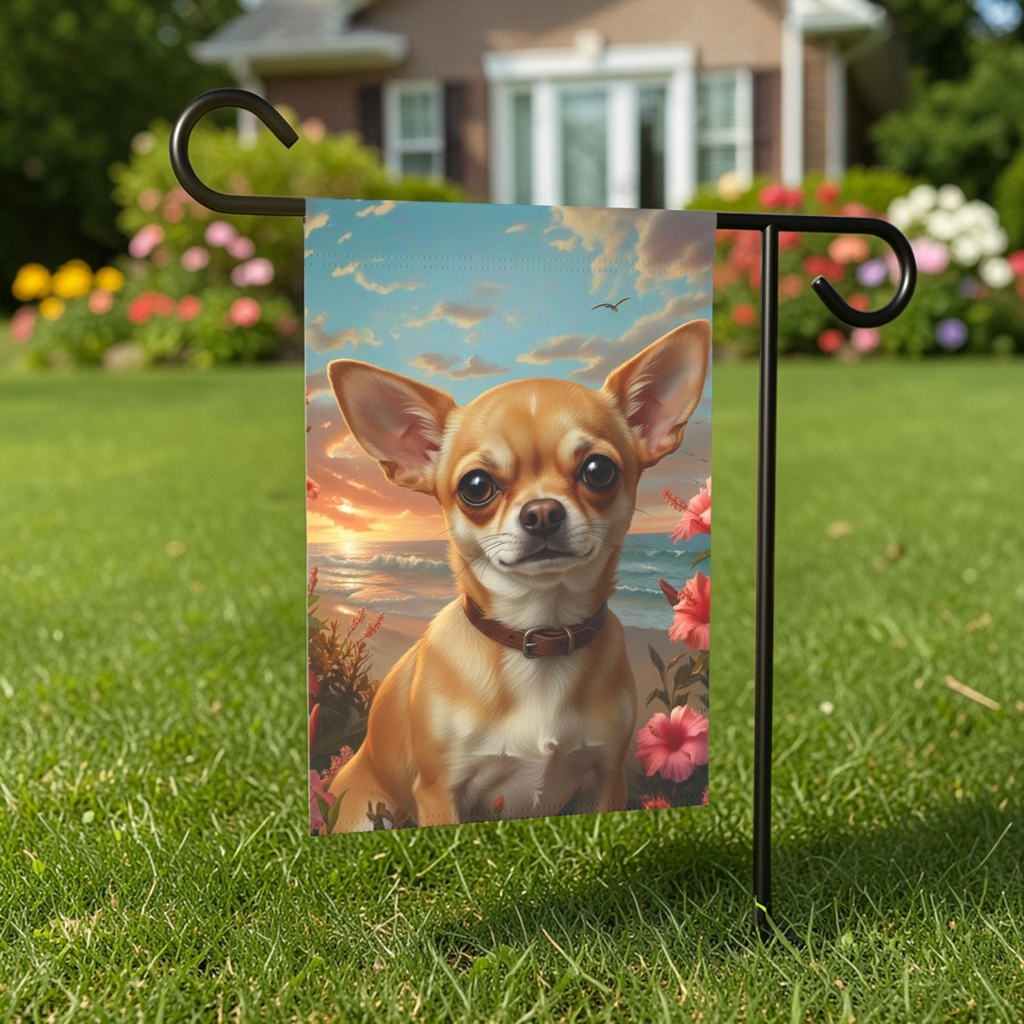 Tropical Sunset Chihuahua Garden Flag - front view - Dragonfire Gardens