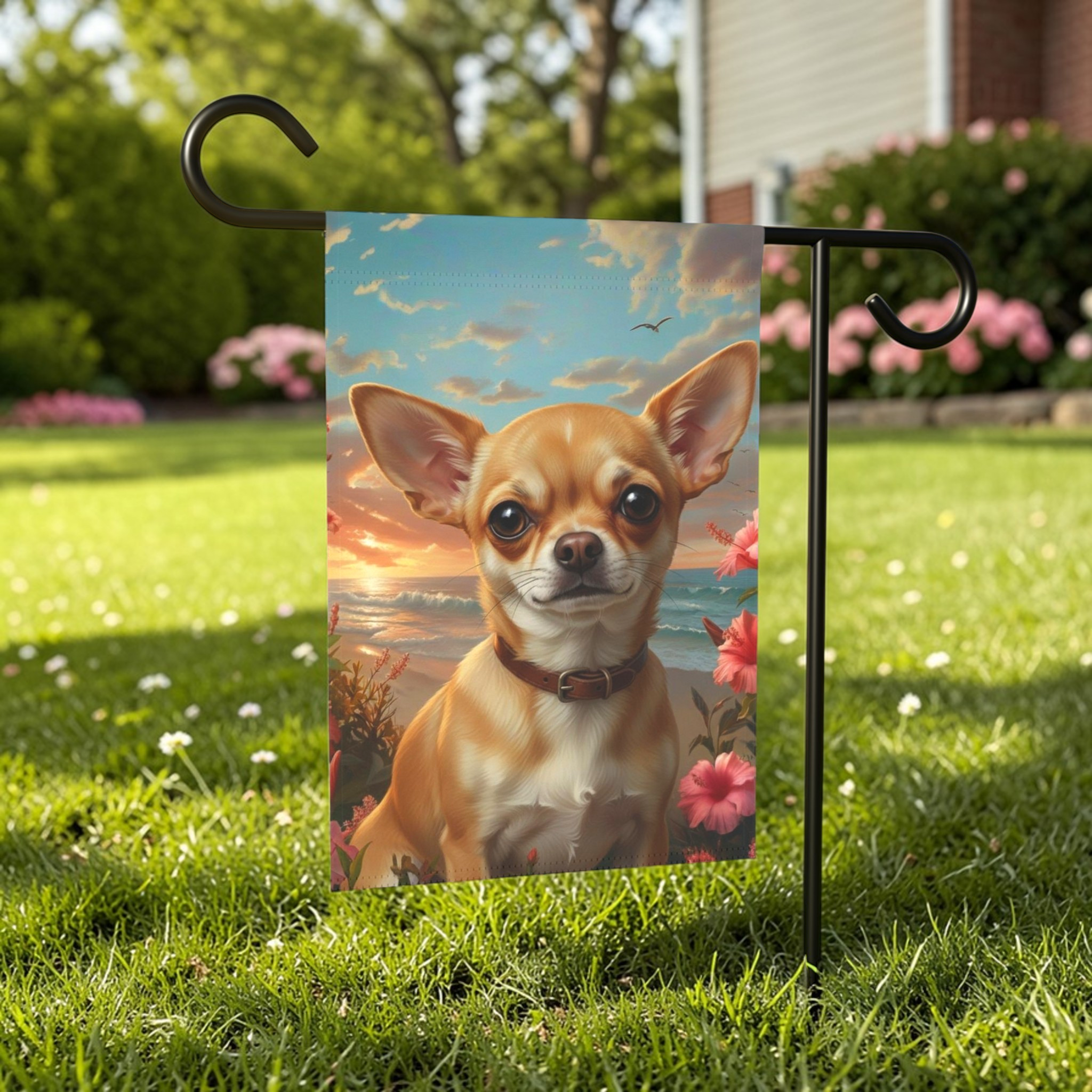 Tropical Sunset Chihuahua Garden Flag - lifestyle display - Dragonfire Gardens