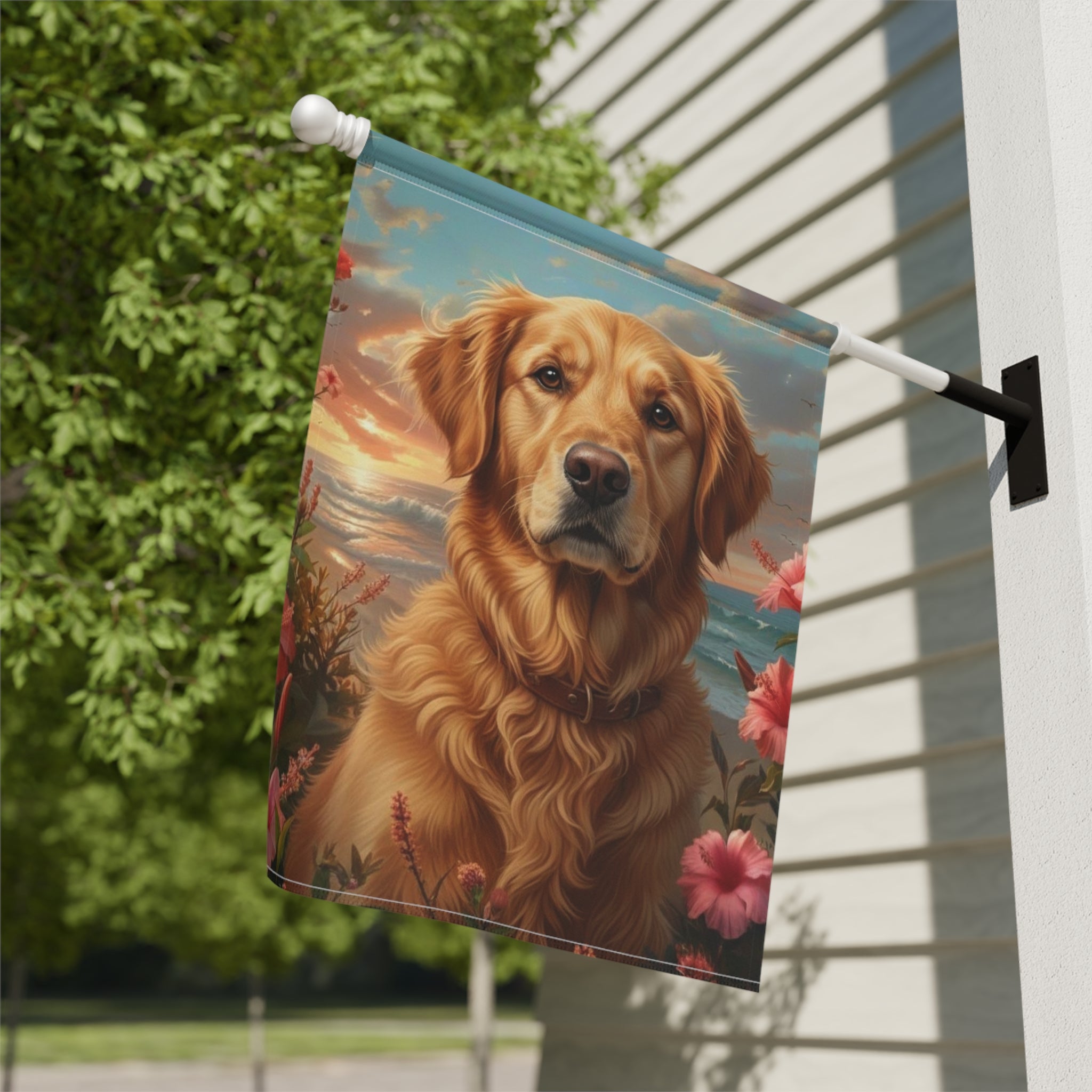 Tropical Sunset Golden Retriever Garden Flag - close-up detail - Dragonfire Gardens