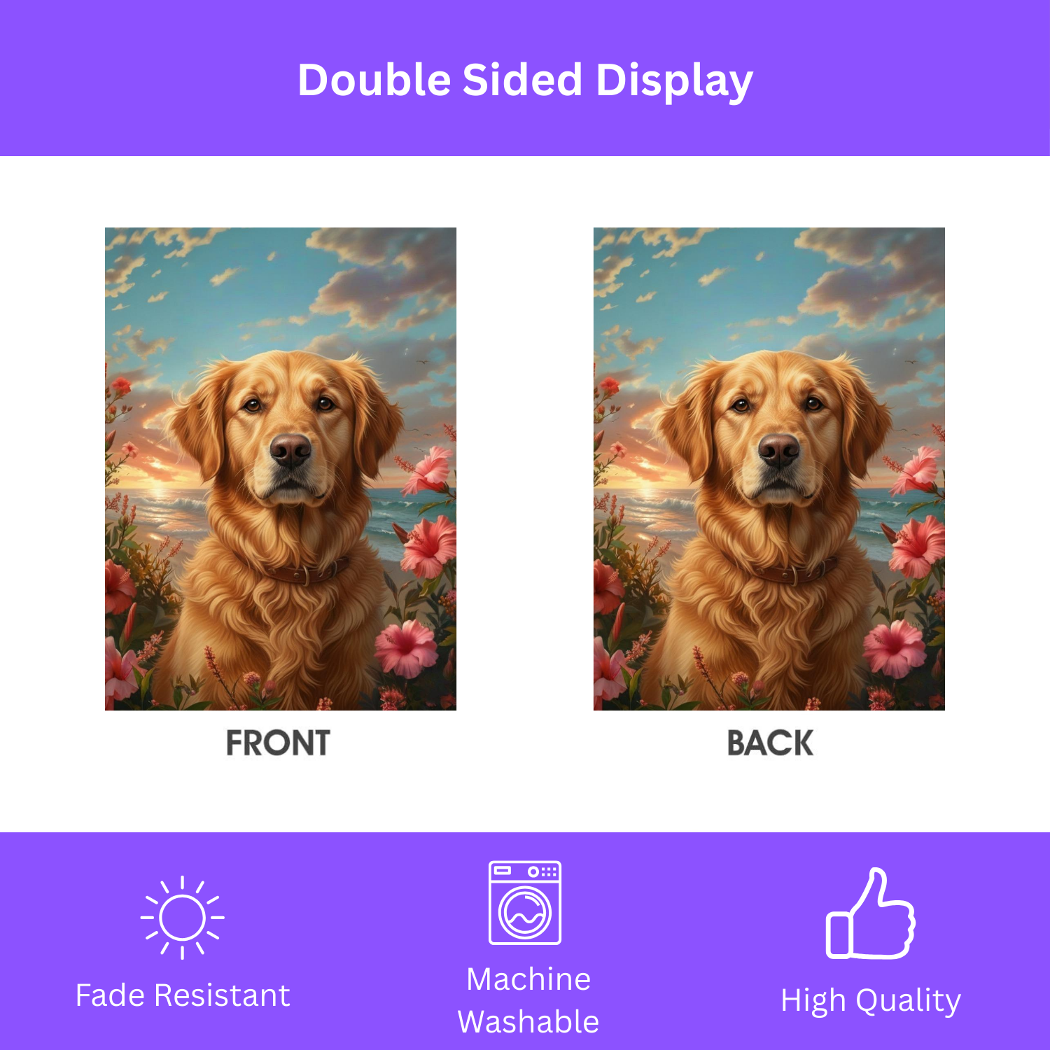 Tropical Sunset Golden Retriever Garden Flag - double-sided design - Dragonfire Gardens