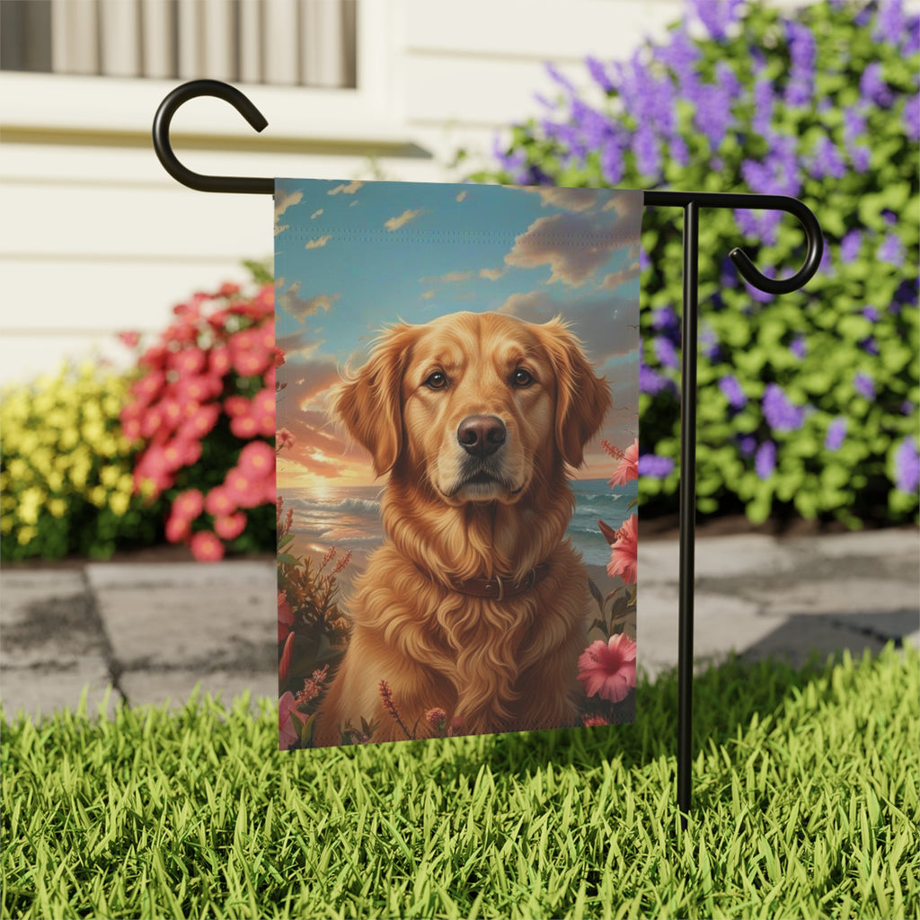 Tropical Sunset Golden Retriever Garden Flag - outdoor display - Dragonfire Gardens