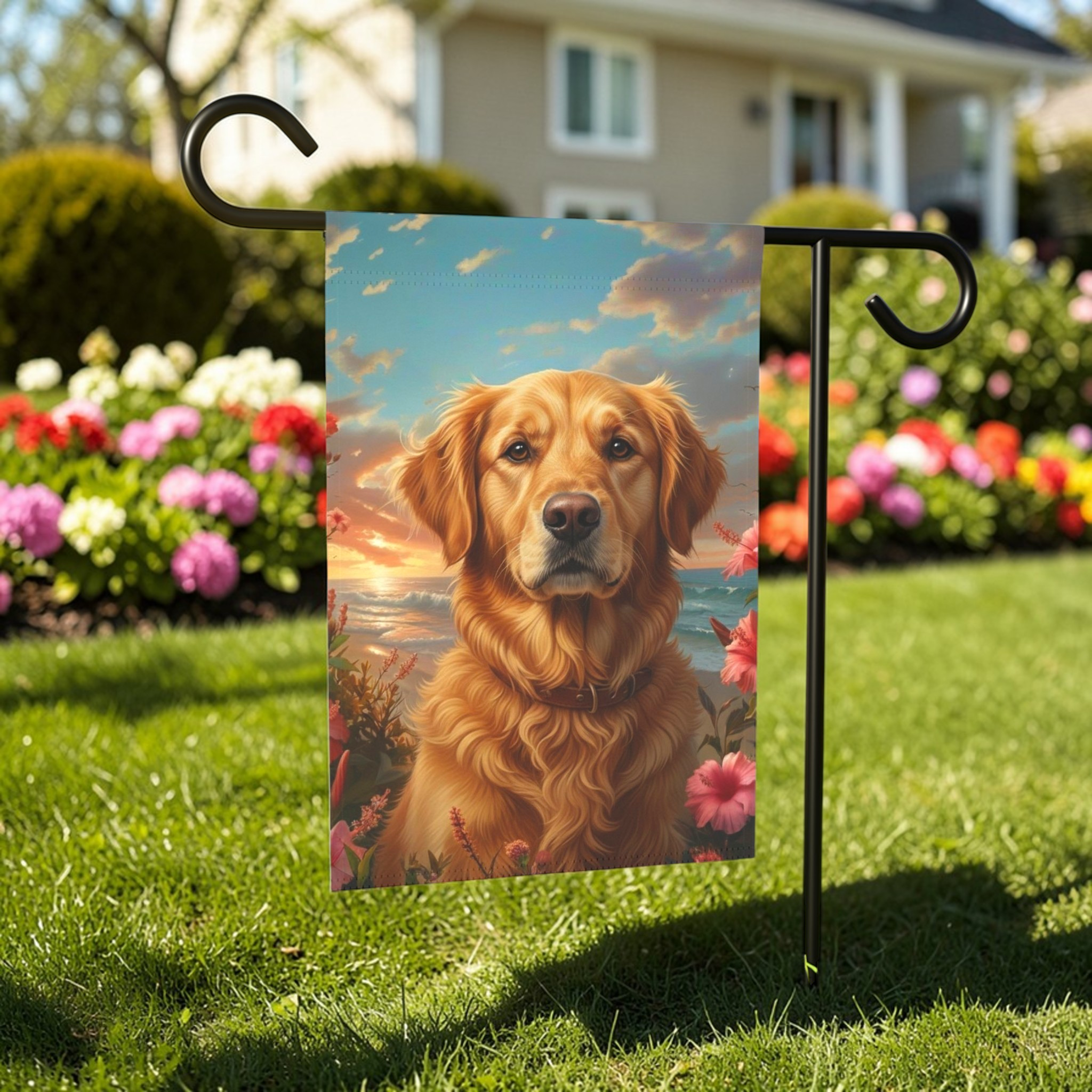 Tropical Sunset Golden Retriever Garden Flag - lifestyle display - Dragonfire Gardens